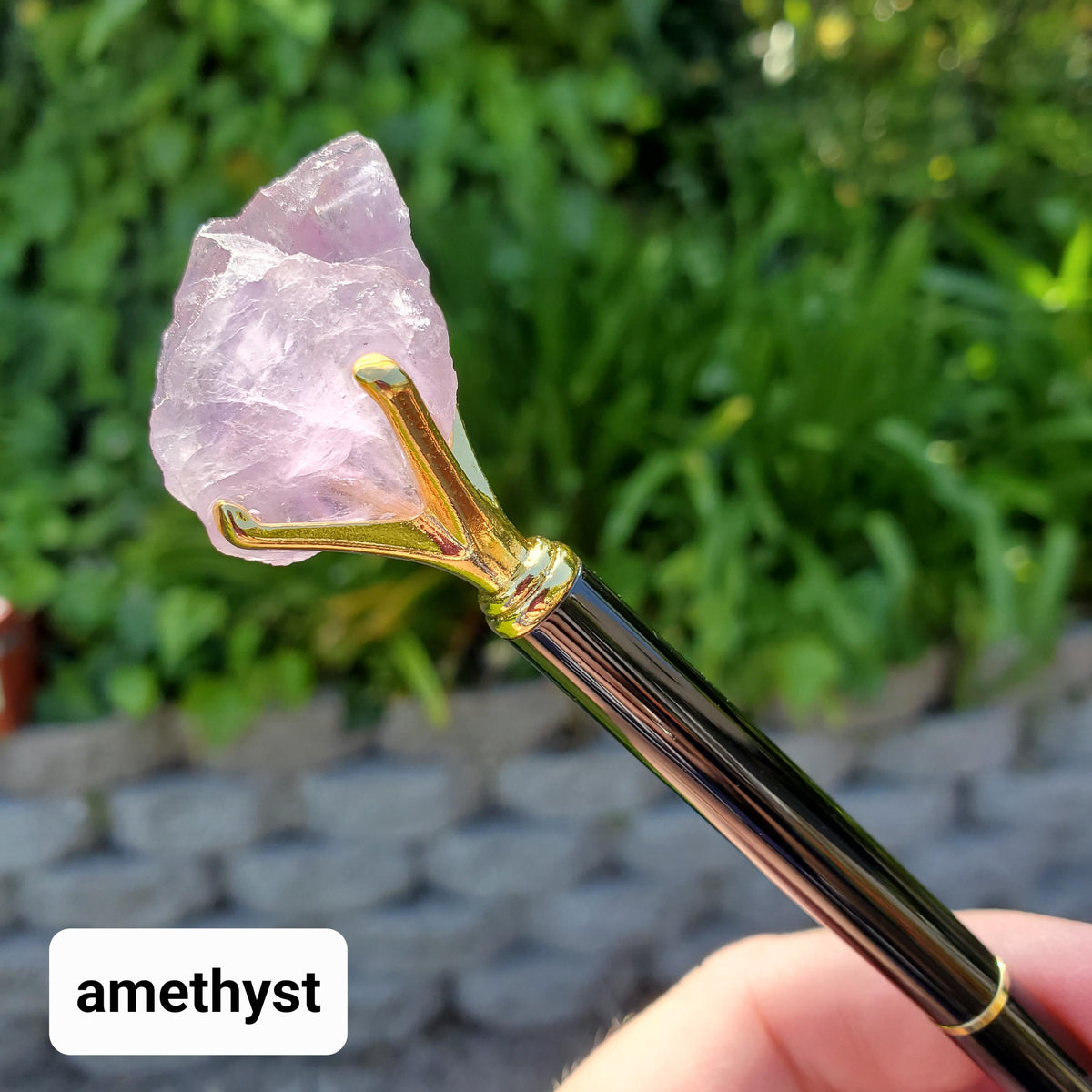 Stone Top Pen with Black Ink - Quartz (Magnify), Amethyst (Calming), Obsidian (Reflection), Rose Quartz (Love) - Pen with Gold Metal Detail