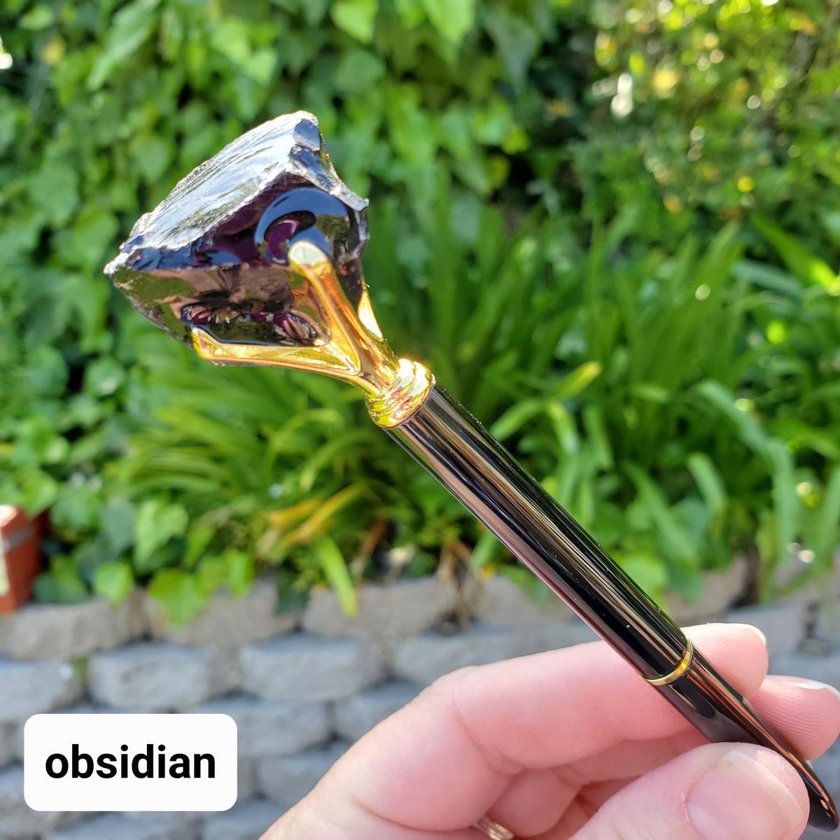 Stone Top Pen with Black Ink - Quartz (Magnify), Amethyst (Calming), Obsidian (Reflection), Rose Quartz (Love) - Pen with Gold Metal Detail