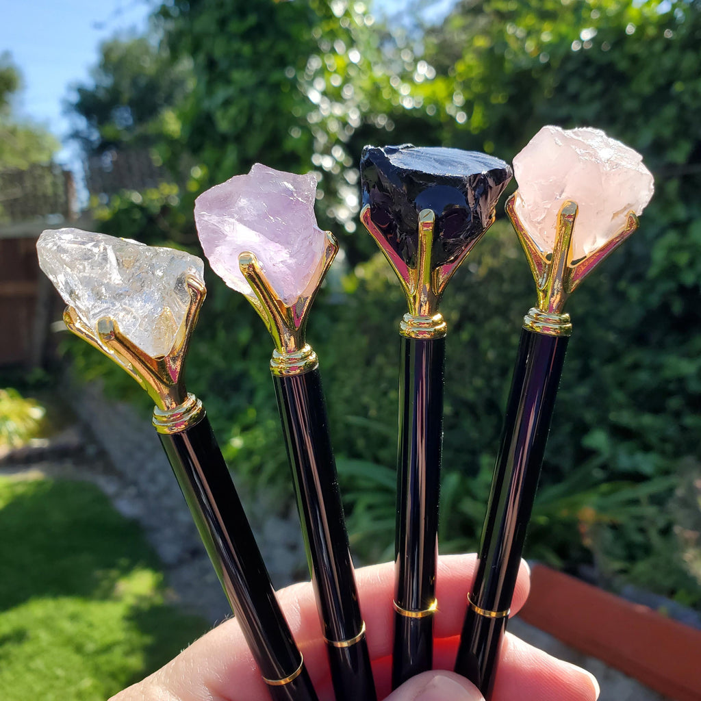 Stone Top Pen with Black Ink - Quartz (Magnify), Amethyst (Calming), Obsidian (Reflection), Rose Quartz (Love) - Pen with Gold Metal Detail