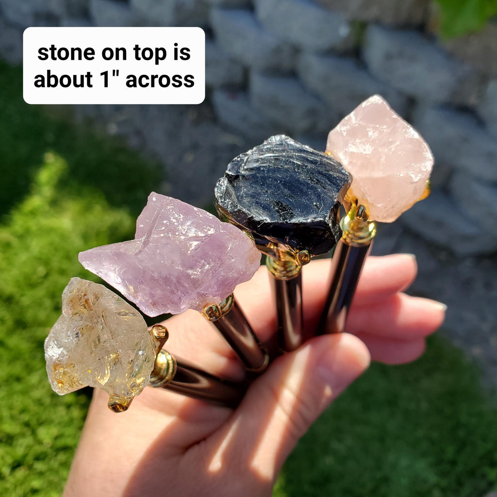 Stone Top Pen with Black Ink - Quartz (Magnify), Amethyst (Calming), Obsidian (Reflection), Rose Quartz (Love) - Pen with Gold Metal Detail