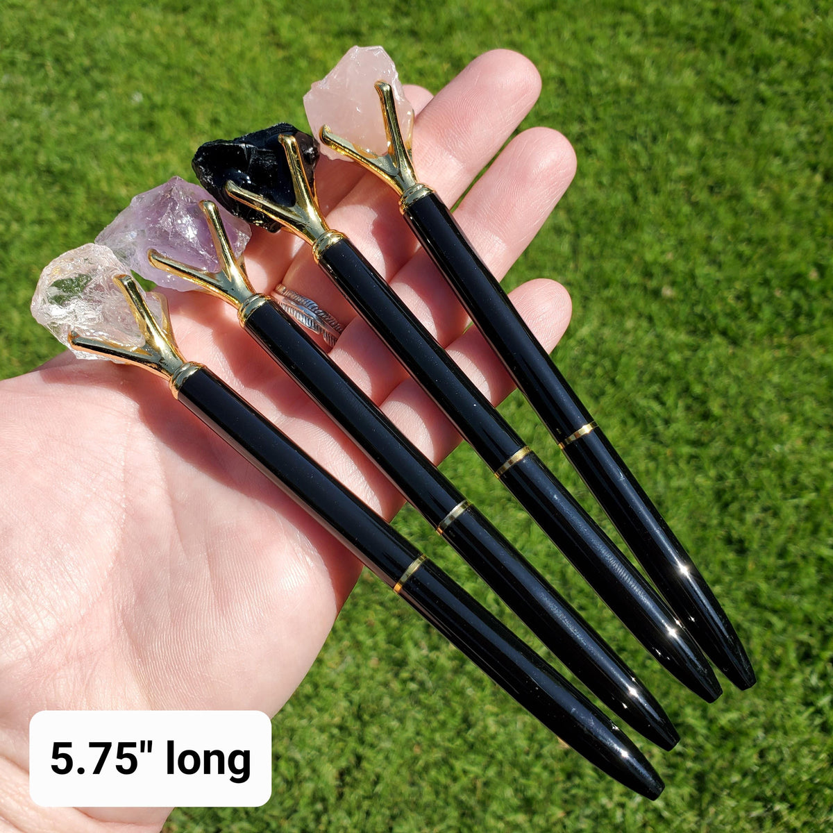 Stone Top Pen with Black Ink - Quartz (Magnify), Amethyst (Calming), Obsidian (Reflection), Rose Quartz (Love) - Pen with Gold Metal Detail