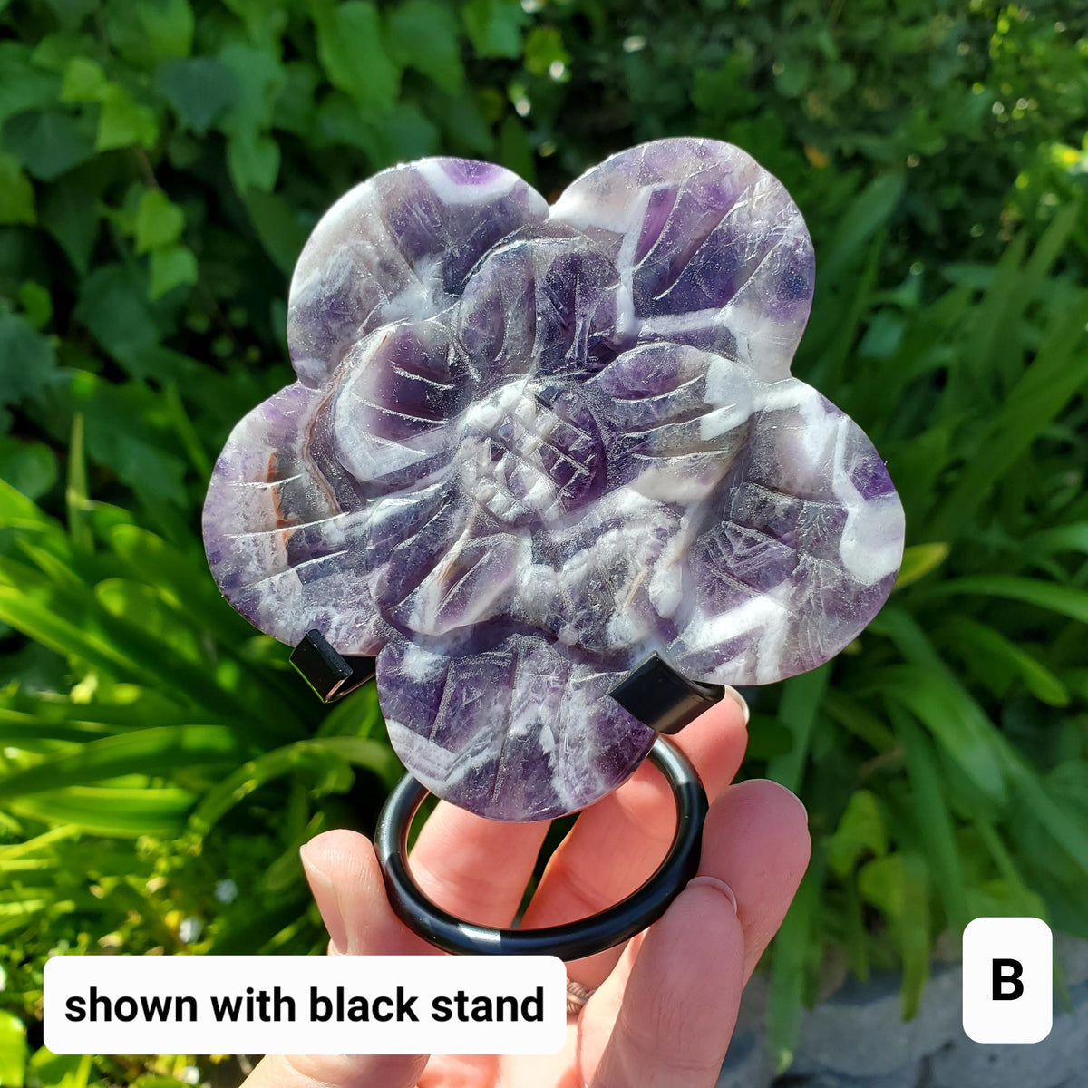 Dream Amethyst Flower on Stand - Calming, Energetic Protection, Positivity, Connection - Cute Purple Chevron Flower Crystal Rose Gemstone