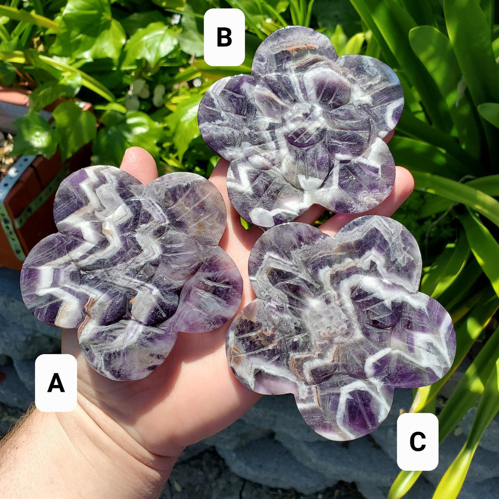 Dream Amethyst Flower on Stand - Calming, Energetic Protection, Positivity, Connection - Cute Purple Chevron Flower Crystal Rose Gemstone