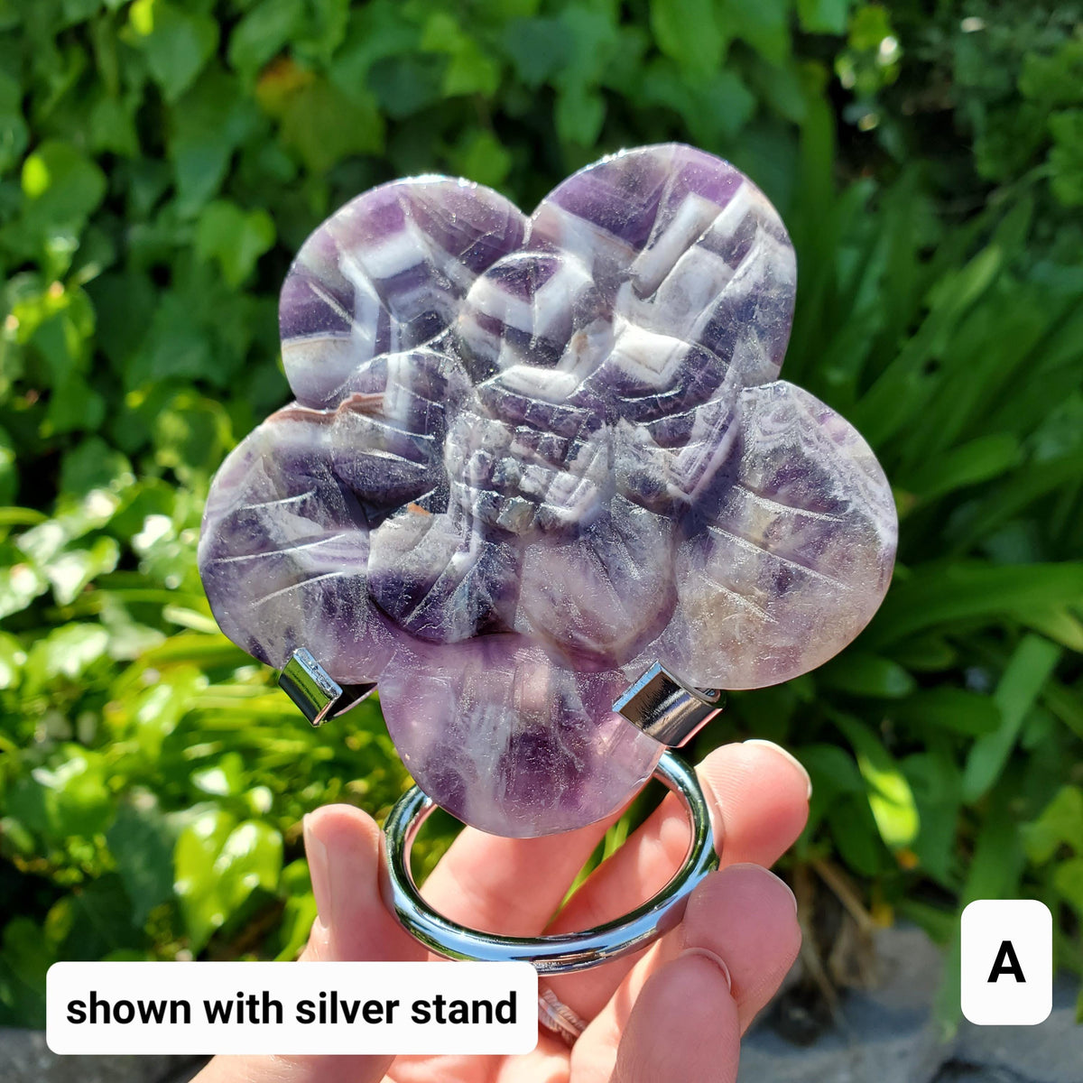 Dream Amethyst Flower on Stand - Calming, Energetic Protection, Positivity, Connection - Cute Purple Chevron Flower Crystal Rose Gemstone