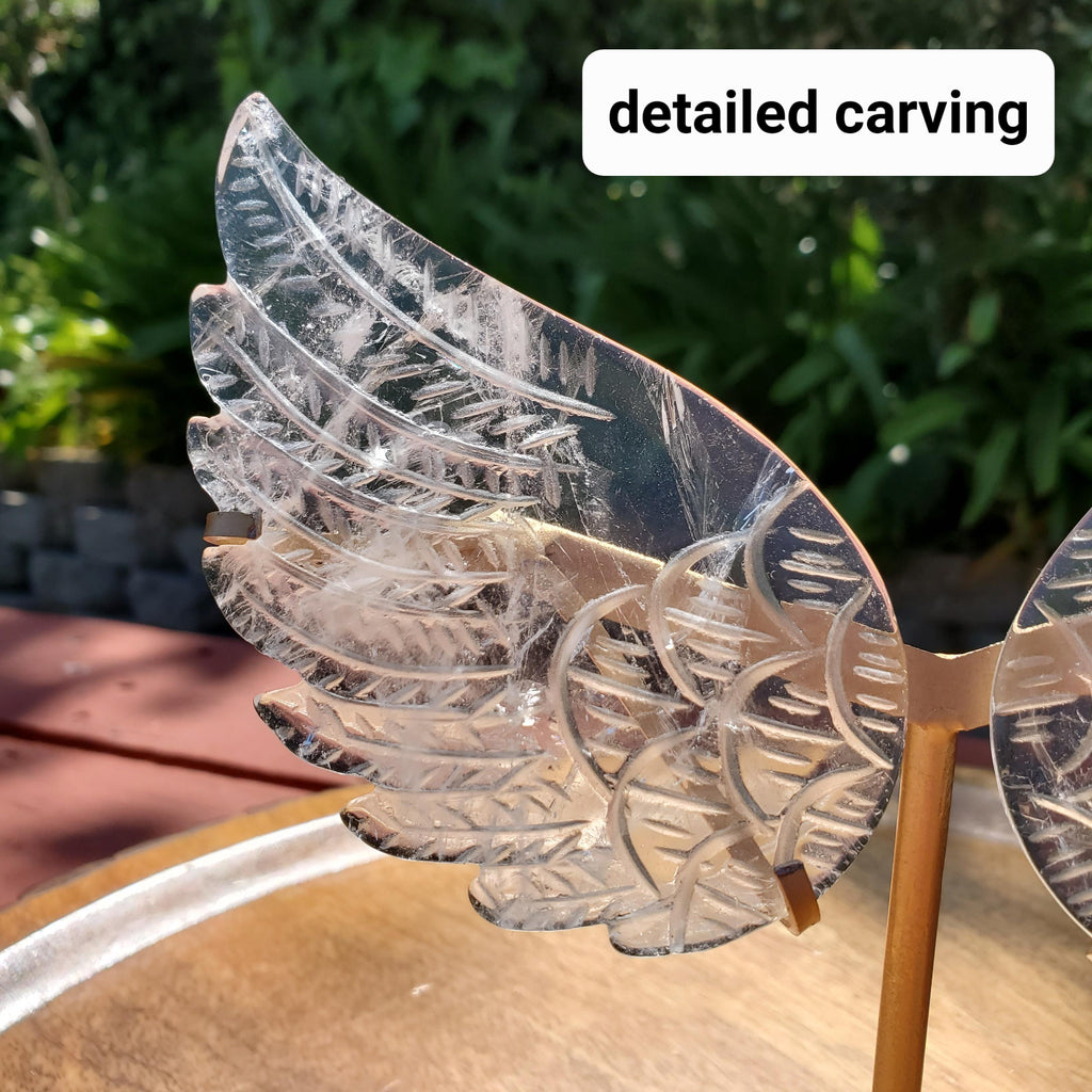 Clear Quartz Angel Wings on Gold Stand - Magnifies Intentions, Energizes Positive, Transmutes Negativity - Quartz Wings Crystal Statement