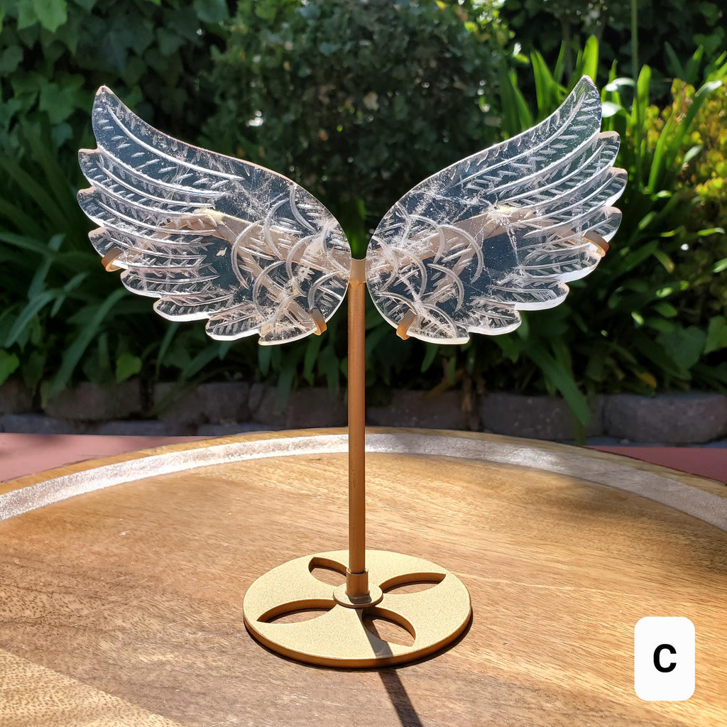 Clear Quartz Angel Wings on Gold Stand - Magnifies Intentions, Energizes Positive, Transmutes Negativity - Quartz Wings Crystal Statement