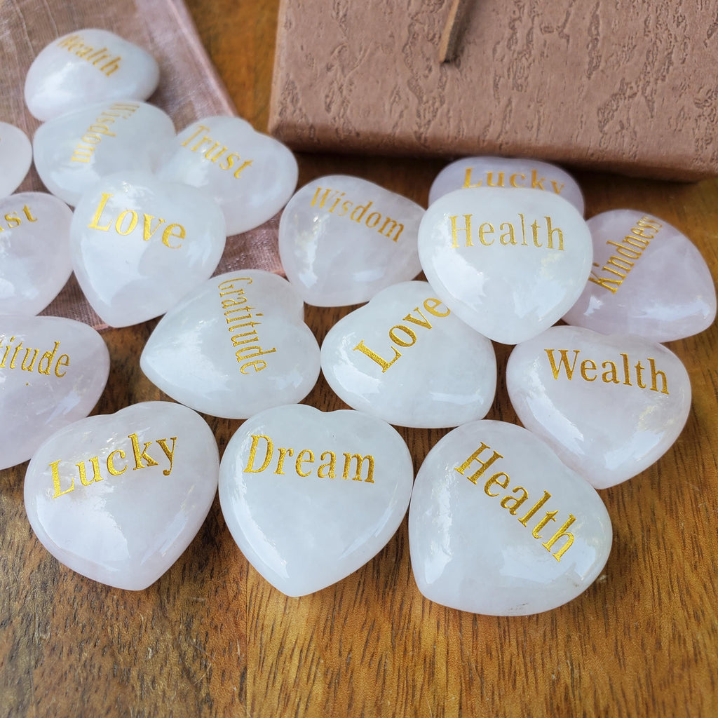 Motivational Memory Match Game with 9 Pairs of Engraved Rose Quartz Hearts - Unconditional Love, Compassion, Self Love - Cute Pink Hearts