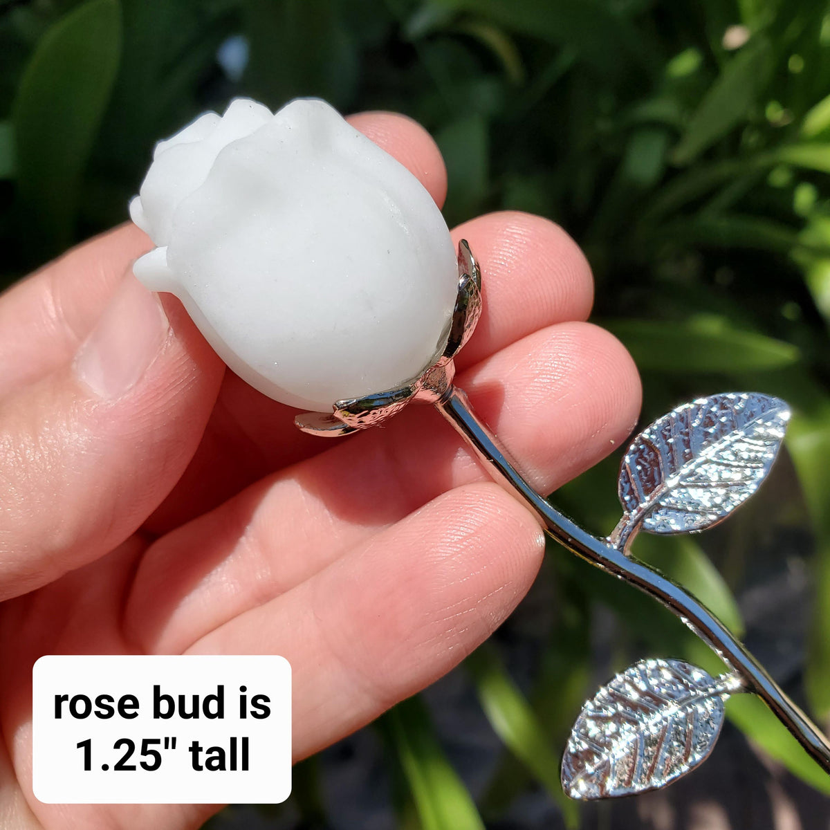 Small White Jade Rose with Metal Stem - Brings in Joy, Peace, Calm & Love Energy - White Flower Stone Carving Healing Gemstones