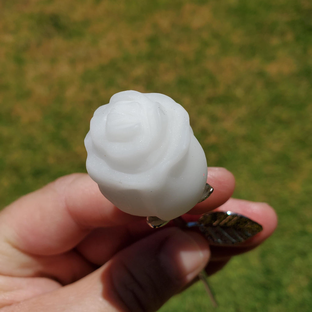 Small White Jade Rose with Metal Stem - Brings in Joy, Peace, Calm & Love Energy - White Flower Stone Carving Healing Gemstones