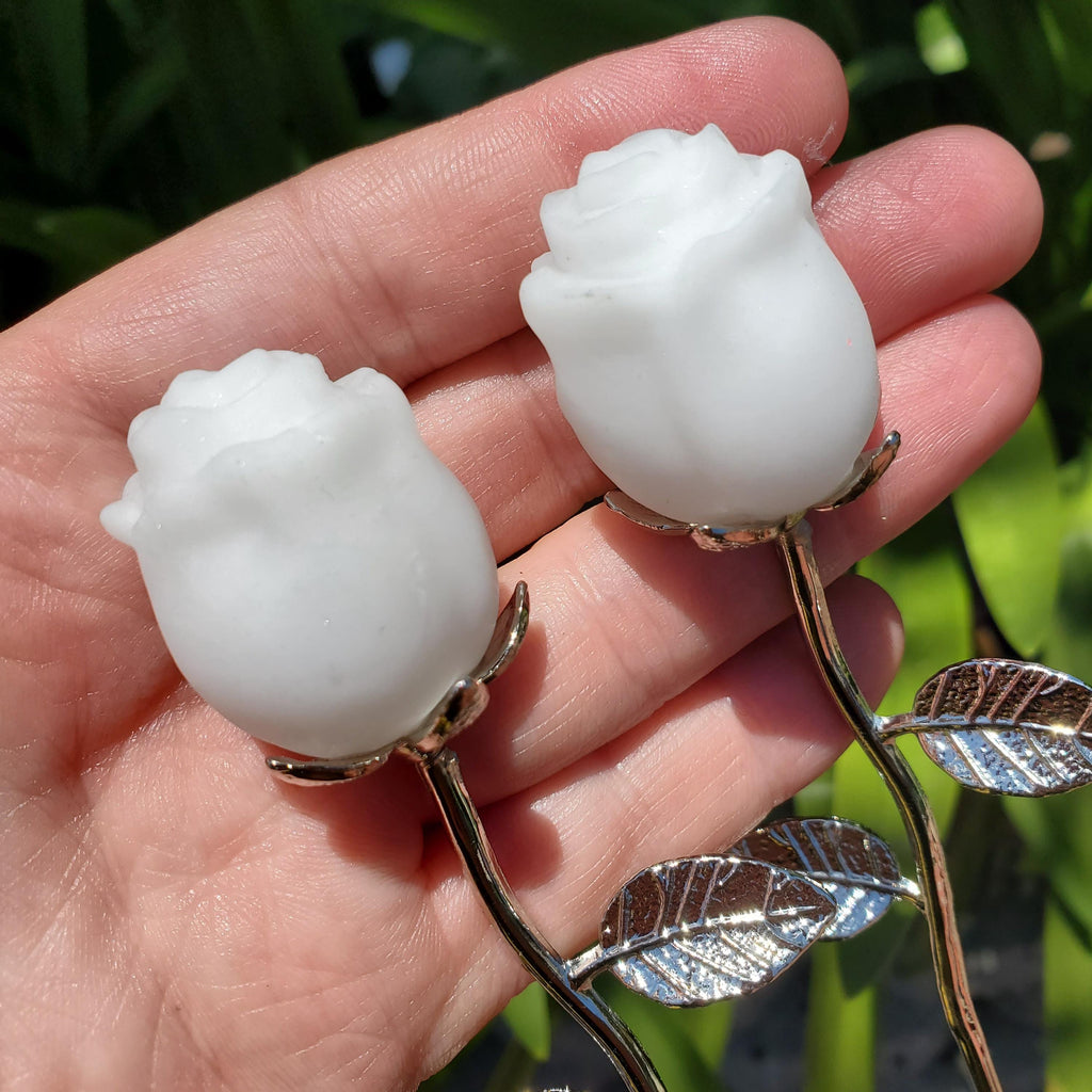 Small White Jade Rose with Metal Stem - Brings in Joy, Peace, Calm & Love Energy - White Flower Stone Carving Healing Gemstones