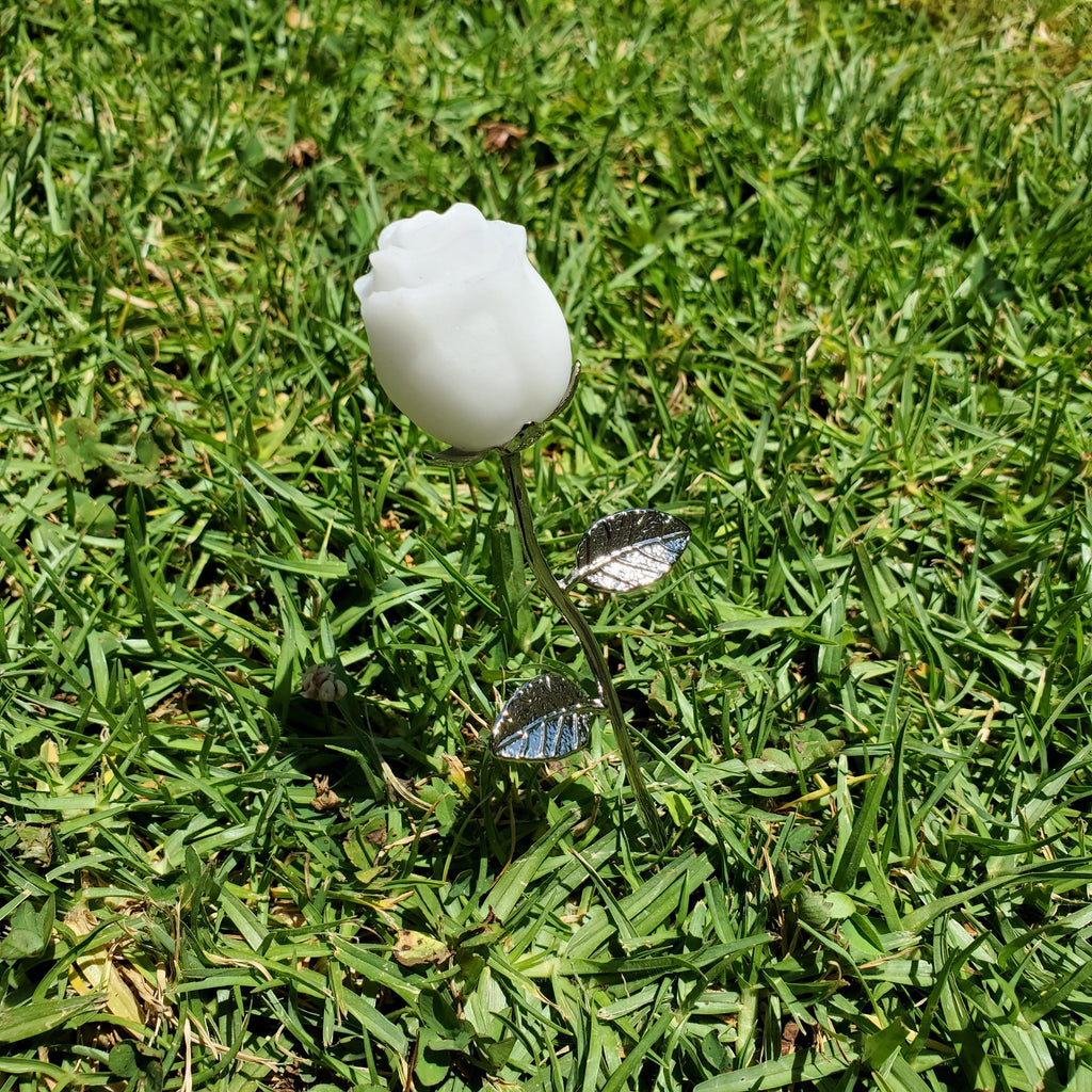 Small White Jade Rose with Metal Stem - Brings in Joy, Peace, Calm & Love Energy - White Flower Stone Carving Healing Gemstones