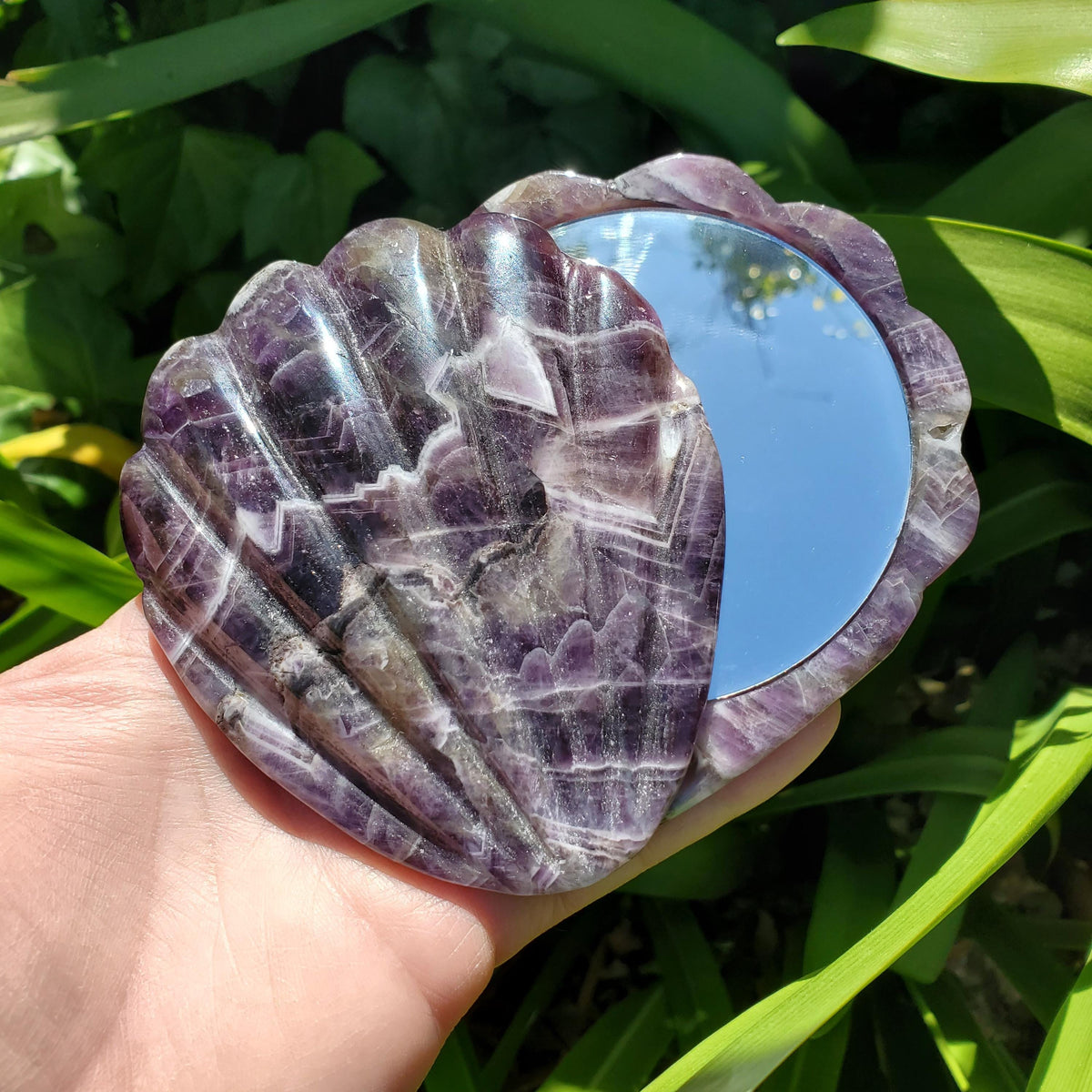Dream Amethyst Seashell Mirror - Calming, Energetic Protection, Positivity, Divine Love - Amethyst Crystal Mirror for Vanity, Bathroom