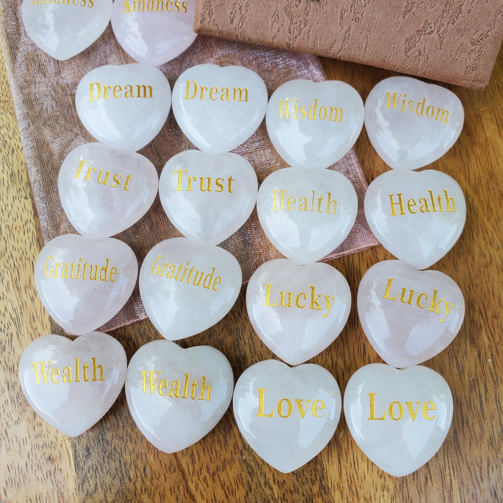 Motivational Memory Match Game with 9 Pairs of Engraved Rose Quartz Hearts - Unconditional Love, Compassion, Self Love - Cute Pink Hearts