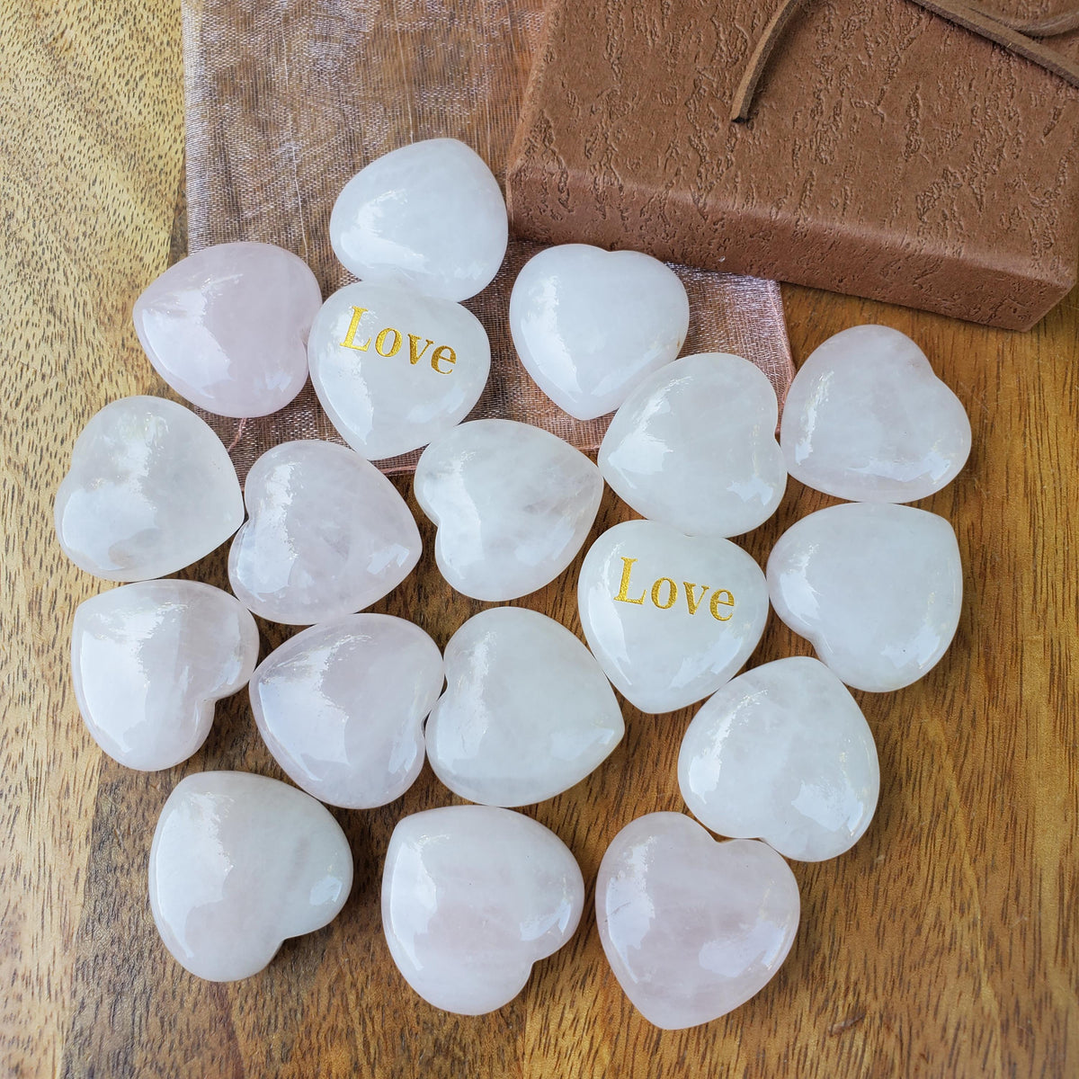 Motivational Memory Match Game with 9 Pairs of Engraved Rose Quartz Hearts - Unconditional Love, Compassion, Self Love - Cute Pink Hearts