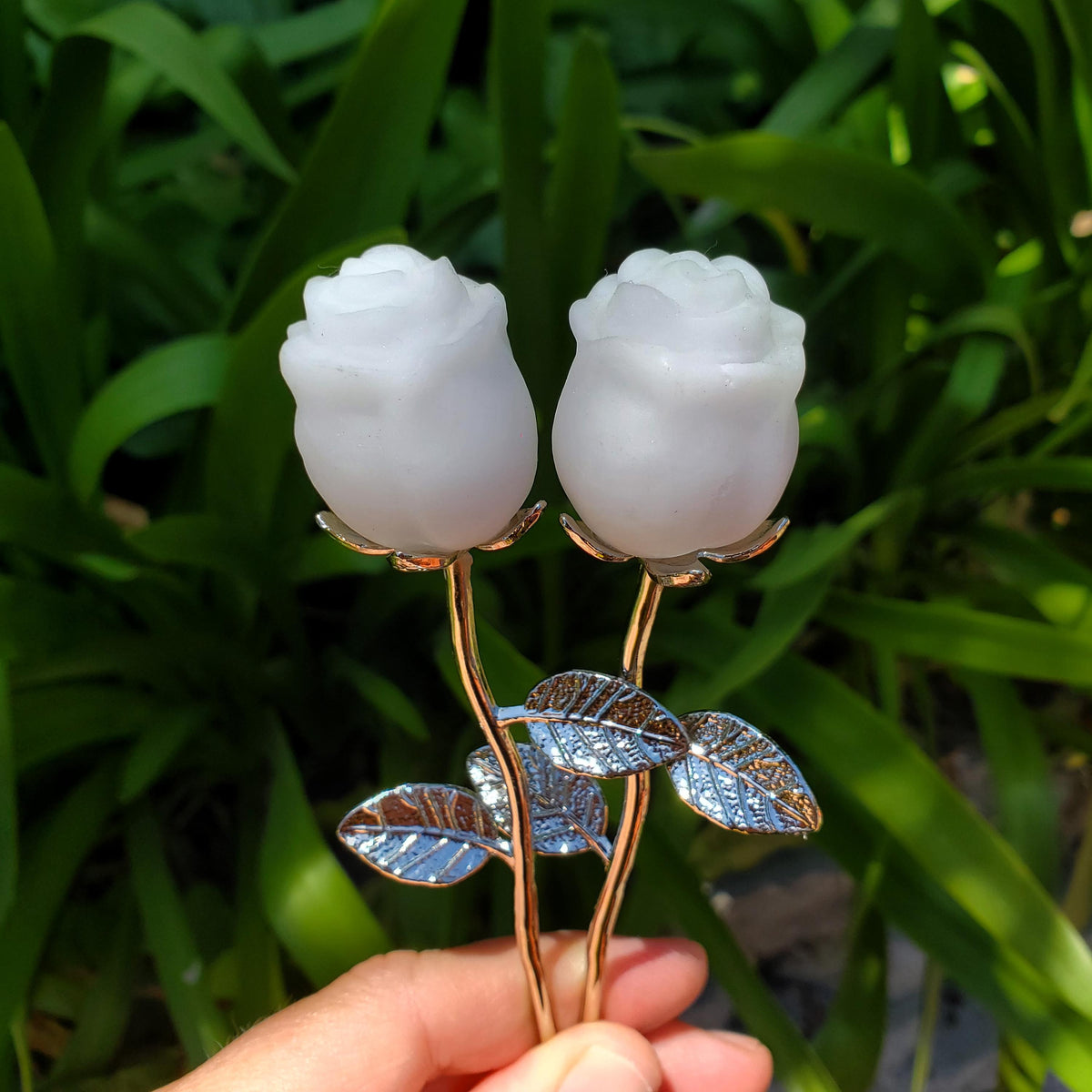 Small White Jade Rose with Metal Stem - Brings in Joy, Peace, Calm & Love Energy - White Flower Stone Carving Healing Gemstones