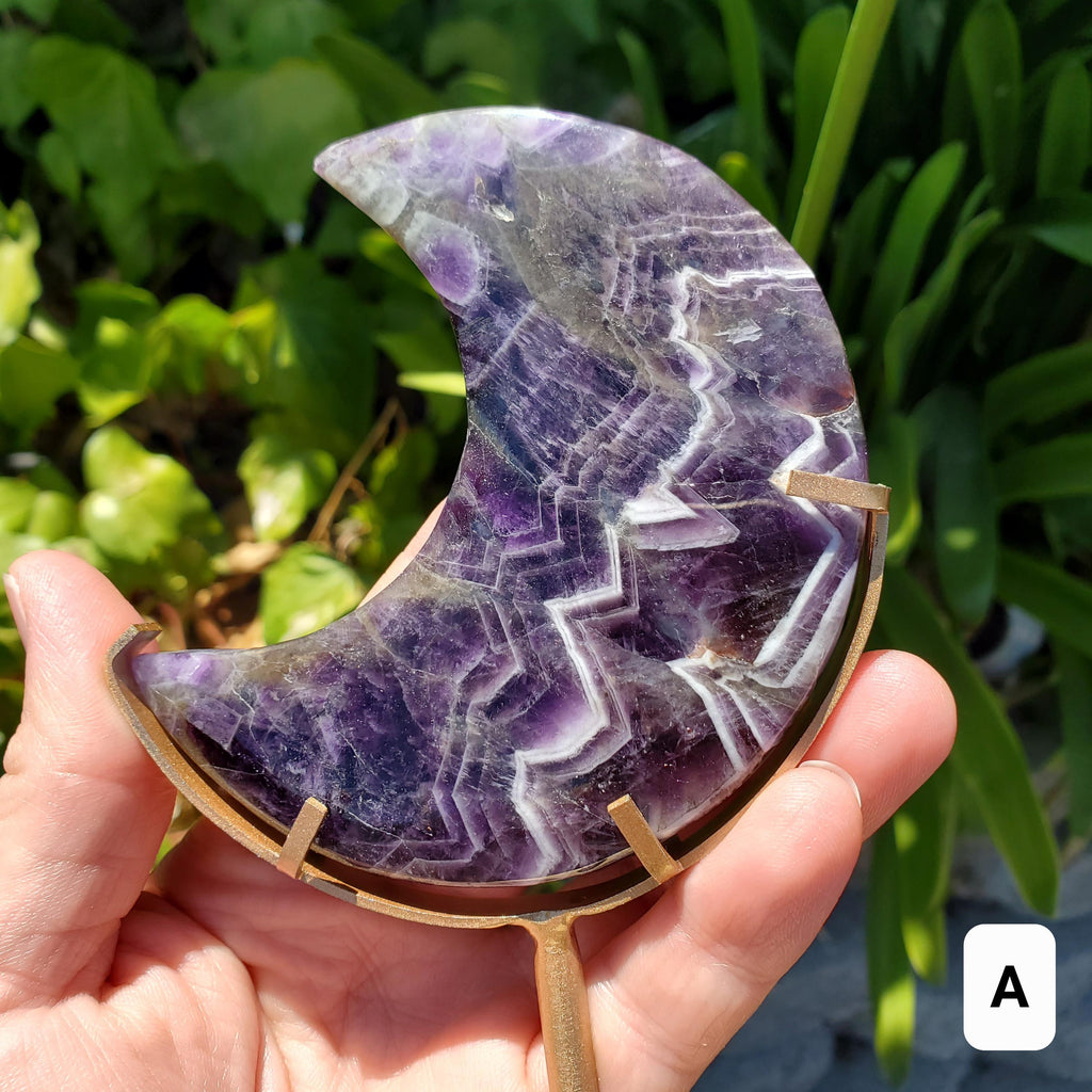 Dark Dream Amethyst Moon on Stand - Calming, Energetic Protection, Positivity, Divine Love - Purple Amethyst Moon Crystal Gemstone