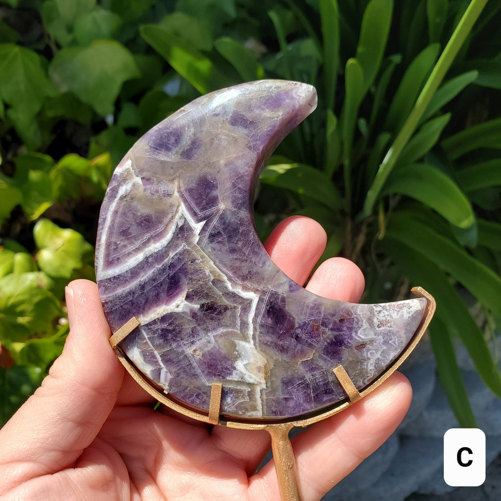 Dark Dream Amethyst Moon on Stand - Calming, Energetic Protection, Positivity, Divine Love - Purple Amethyst Moon Crystal Gemstone