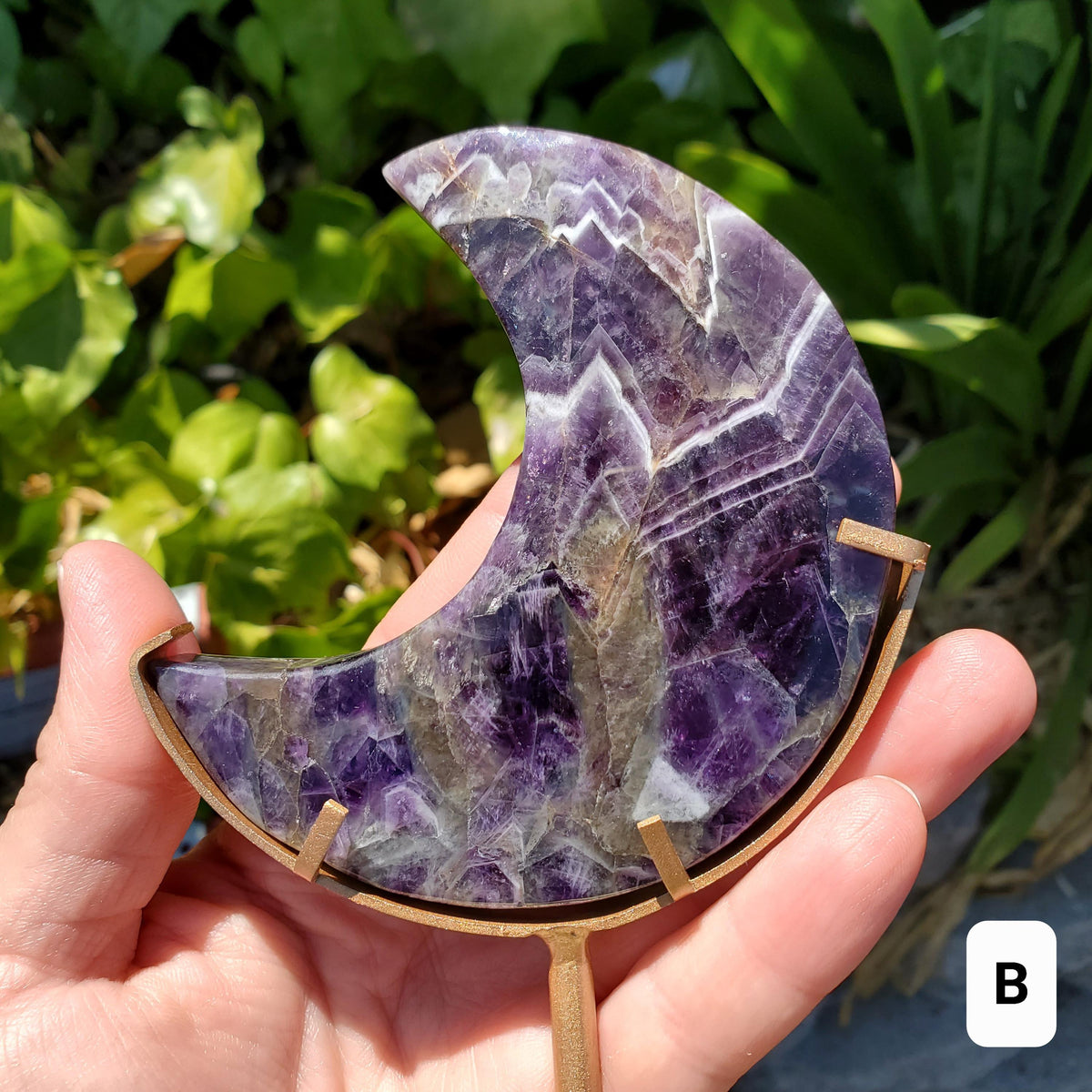 Dark Dream Amethyst Moon on Stand - Calming, Energetic Protection, Positivity, Divine Love - Purple Amethyst Moon Crystal Gemstone
