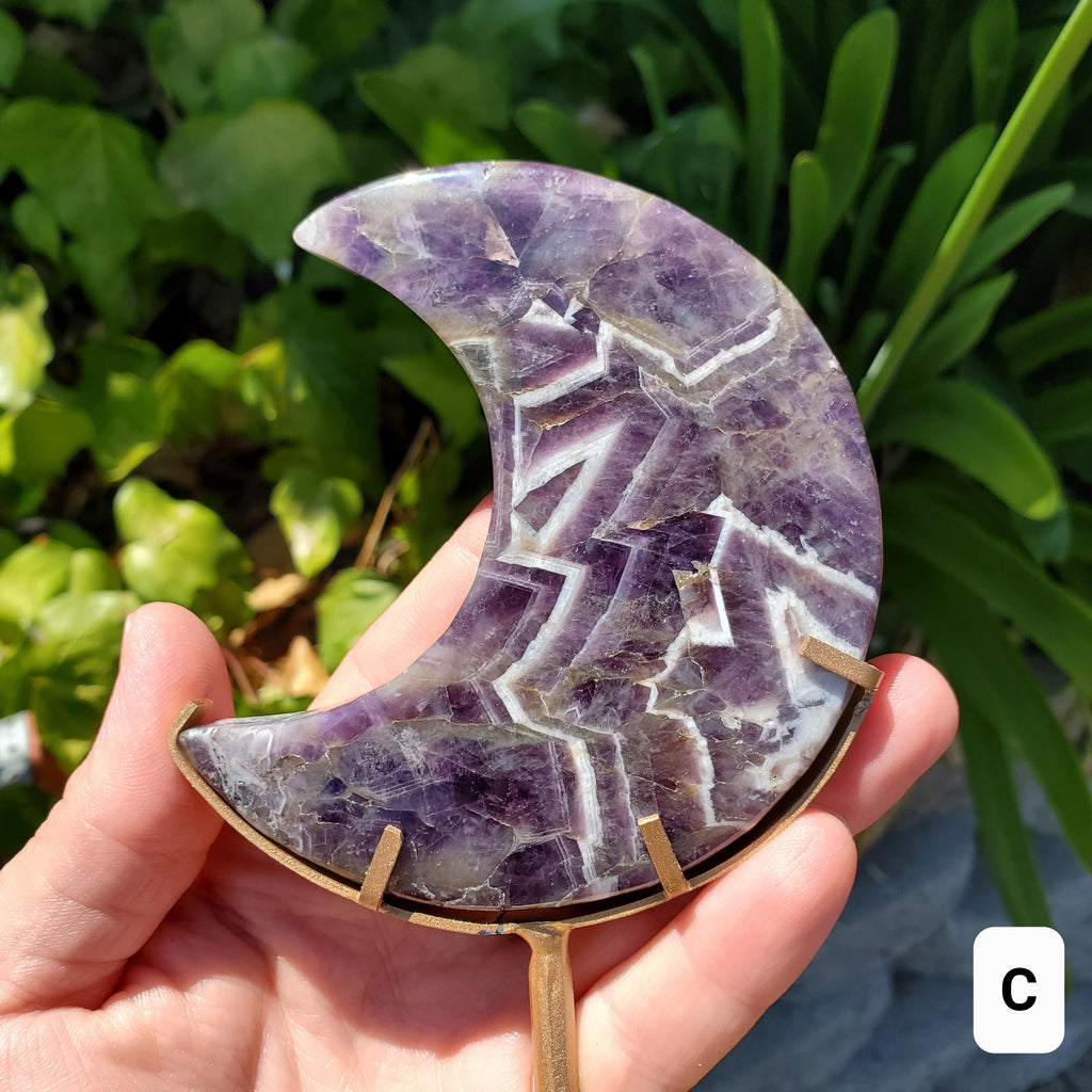 Dark Dream Amethyst Moon on Stand - Calming, Energetic Protection, Positivity, Divine Love - Purple Amethyst Moon Crystal Gemstone