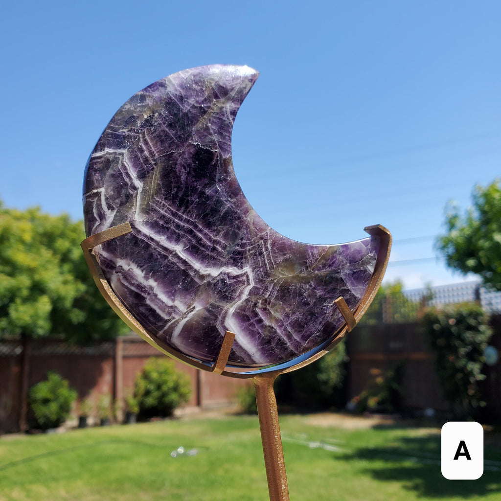 Dark Dream Amethyst Moon on Stand - Calming, Energetic Protection, Positivity, Divine Love - Purple Amethyst Moon Crystal Gemstone