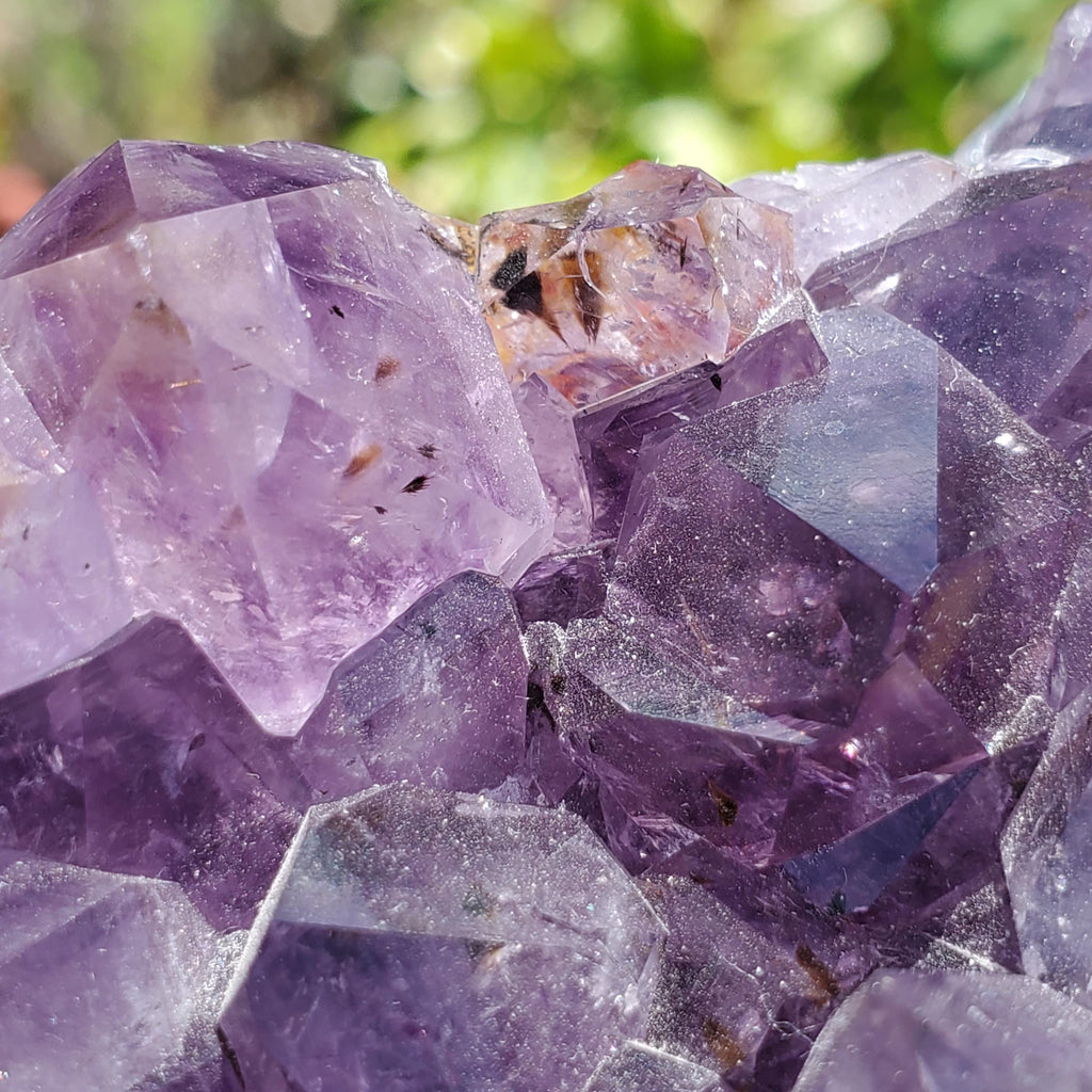 5" Cute Amethyst Cluster Geode with Golden Rutile - Calming, Cleanses Body & Aura, Stress Relief, Positivity - Purple Crystal Gemstone