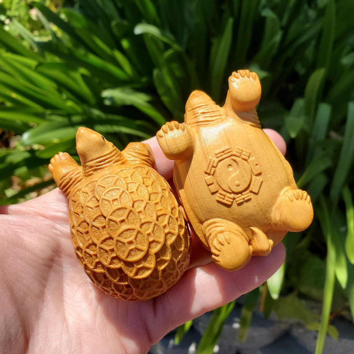 Cypress Wood Turtle with Feng Shui Coin Design - A Symbol of Immortality, Protective From Negative Energies - Carved Turtle Figurine