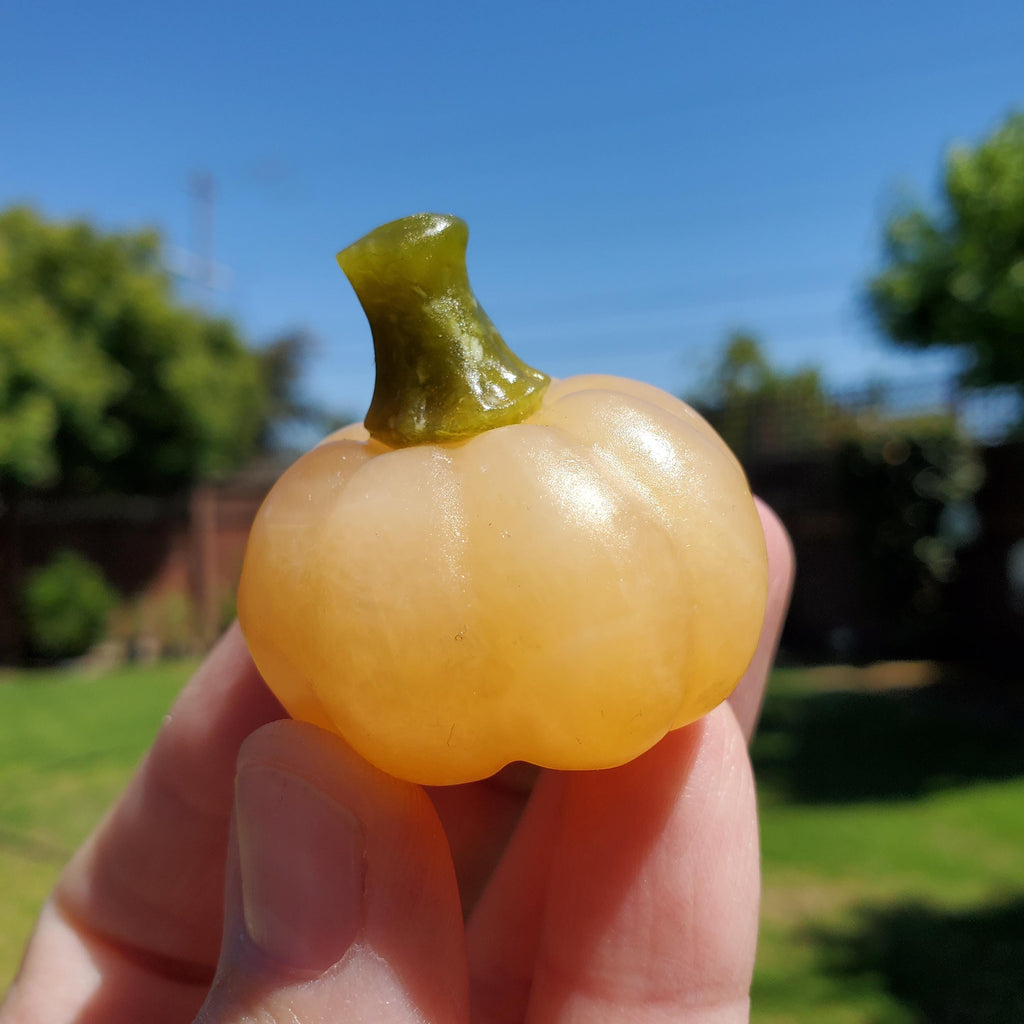 Cute Orange Calcite Pumpkin with Serpentine Jade Stem - Confidence, Self-Esteem, Creative & Sexual Energy - Calcite Crystal Pumpkin Carving