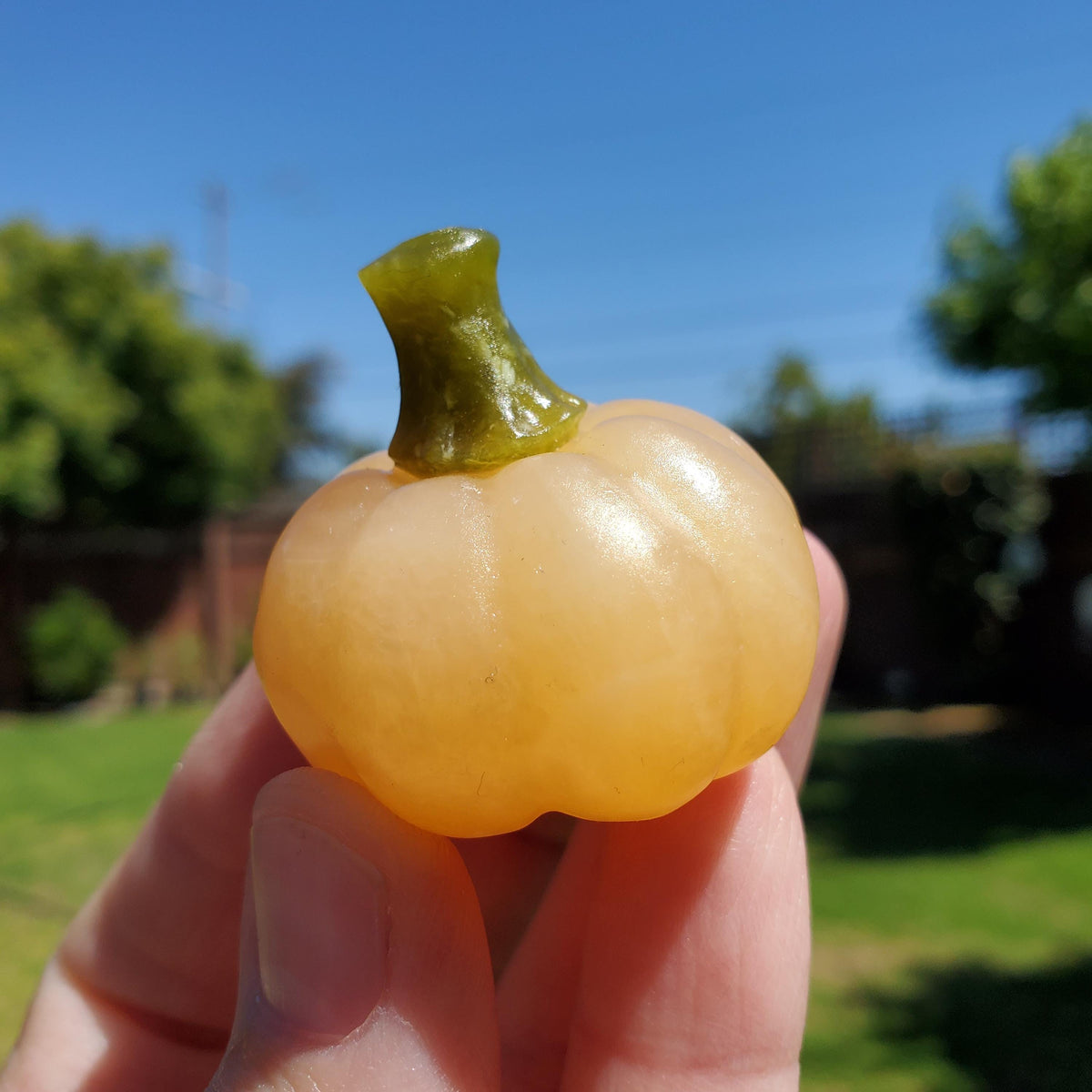 Cute Orange Calcite Pumpkin with Serpentine Jade Stem - Confidence, Self-Esteem, Creative & Sexual Energy - Calcite Crystal Pumpkin Carving