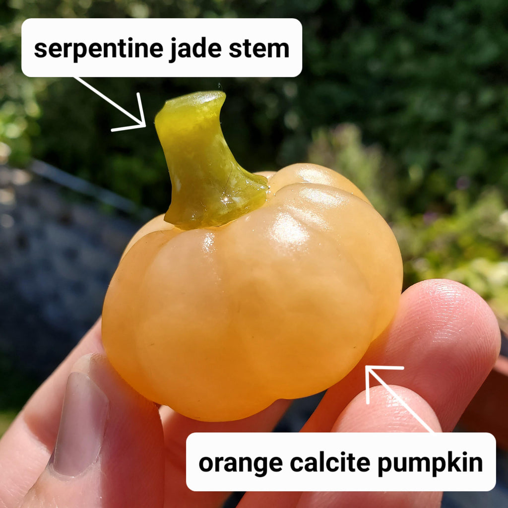 Cute Orange Calcite Pumpkin with Serpentine Jade Stem - Confidence, Self-Esteem, Creative & Sexual Energy - Calcite Crystal Pumpkin Carving