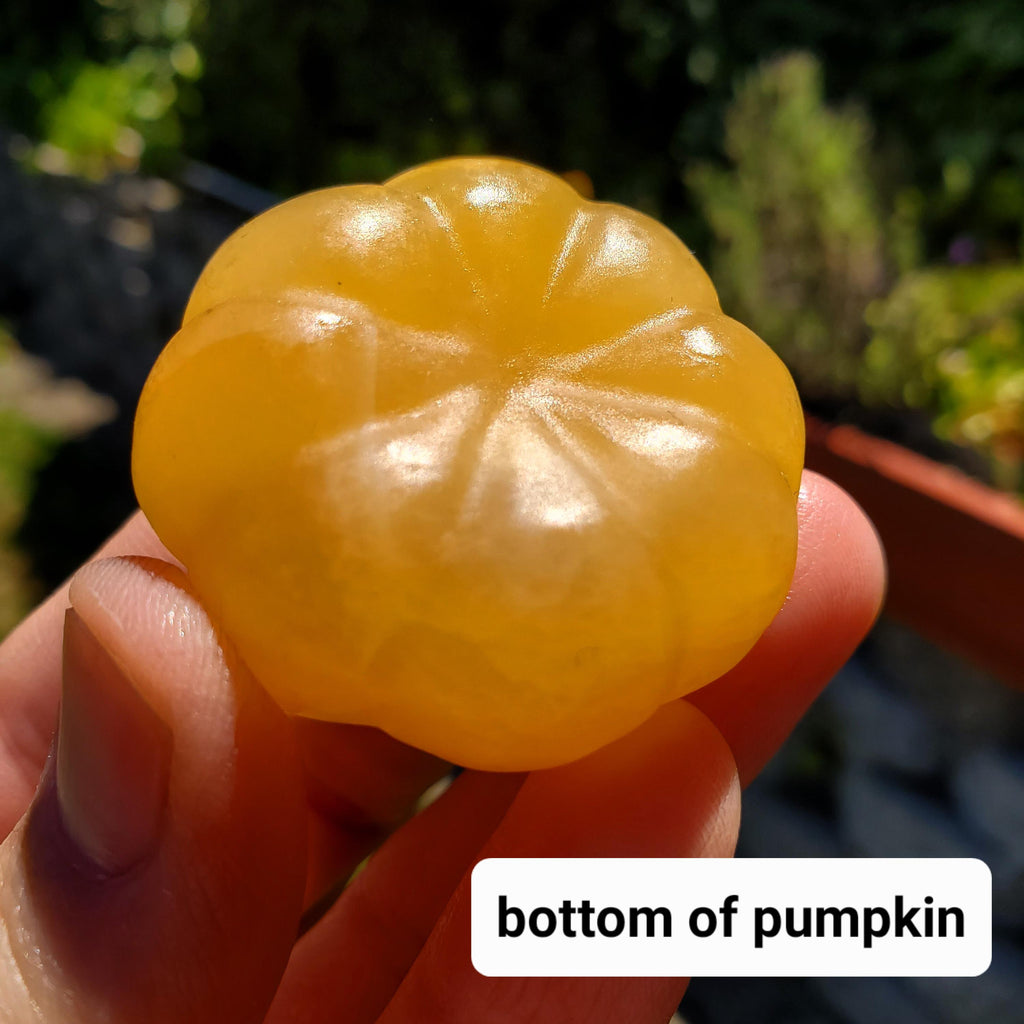 Cute Orange Calcite Pumpkin with Serpentine Jade Stem - Confidence, Self-Esteem, Creative & Sexual Energy - Calcite Crystal Pumpkin Carving