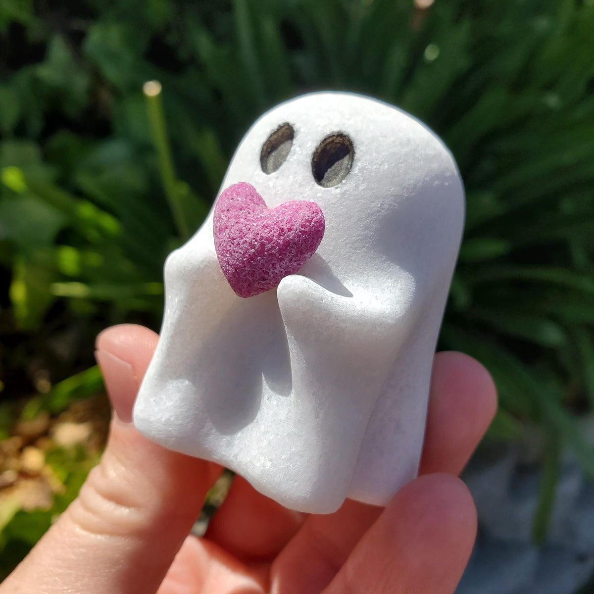 Cute Halloween Crystal Set - White Jade Ghost w/ Ruby Heart, Orange Calcite Pumpkin & Lepidolite Tower - Peace, Passion, Confidence, Calming