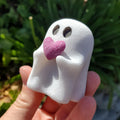 Chunky White Jade Ghost holding a Ruby Heart - Peace, Joy & Passion - Adorable White Ghost Halloween Decor