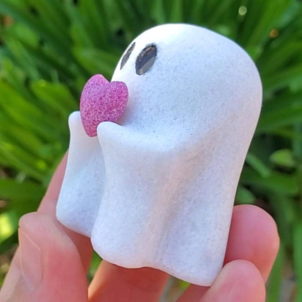 Cute Halloween Crystal Set - White Jade Ghost w/ Ruby Heart, Orange Calcite Pumpkin & Lepidolite Tower - Peace, Passion, Confidence, Calming