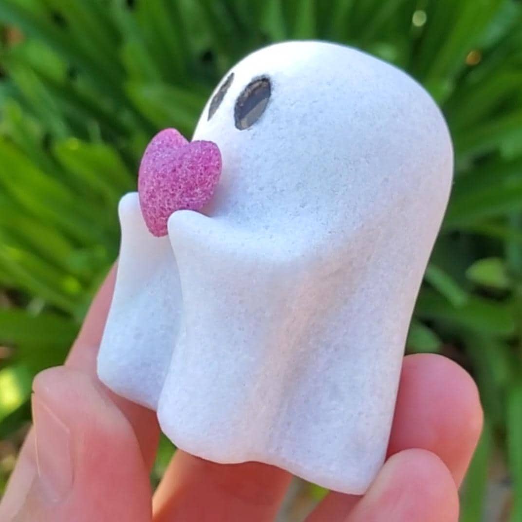 Cute Halloween Crystal Set - White Jade Ghost w/ Ruby Heart, Orange Calcite Pumpkin & Lepidolite Tower - Peace, Passion, Confidence, Calming
