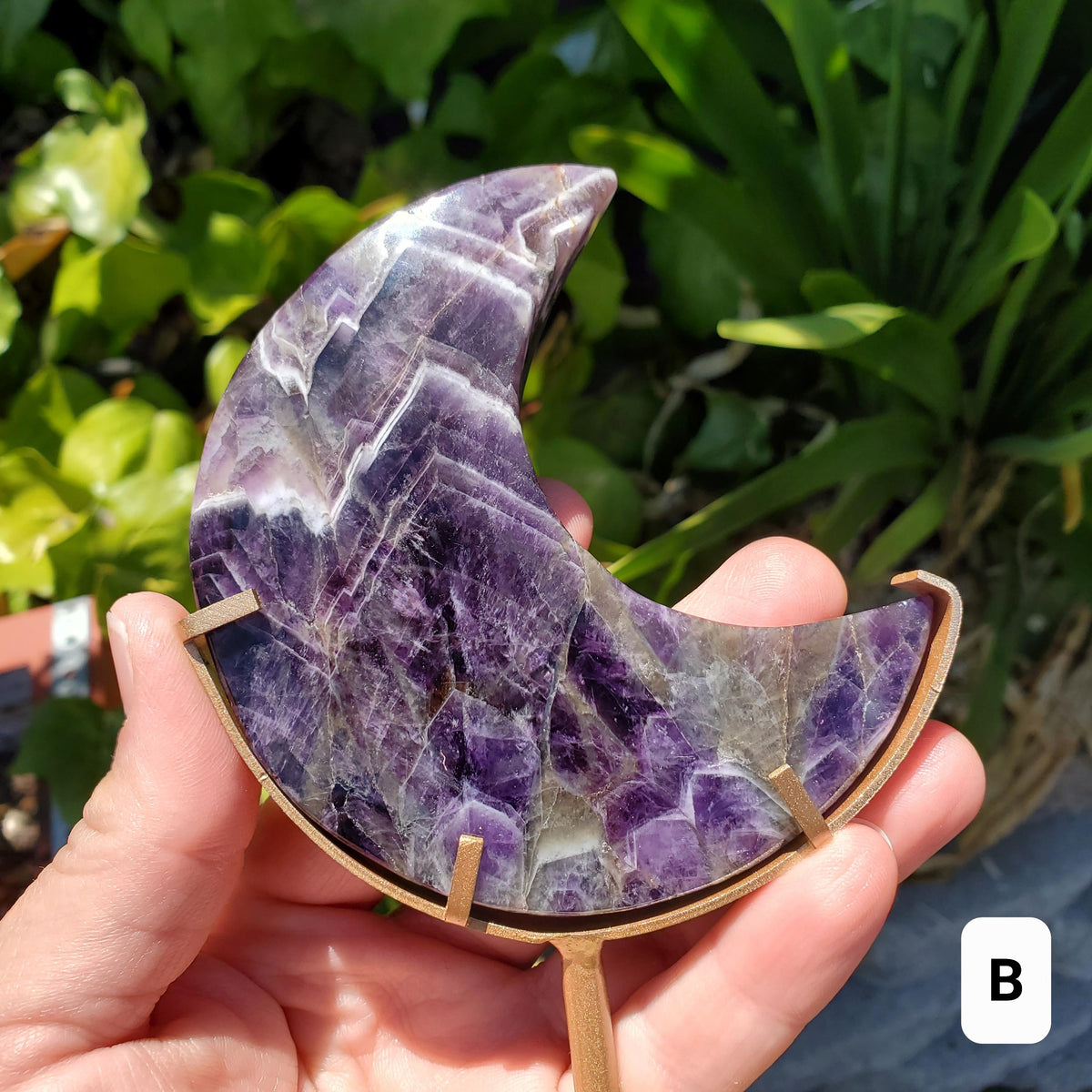 Dark Dream Amethyst Moon on Stand - Calming, Energetic Protection, Positivity, Divine Love - Purple Amethyst Moon Crystal Gemstone