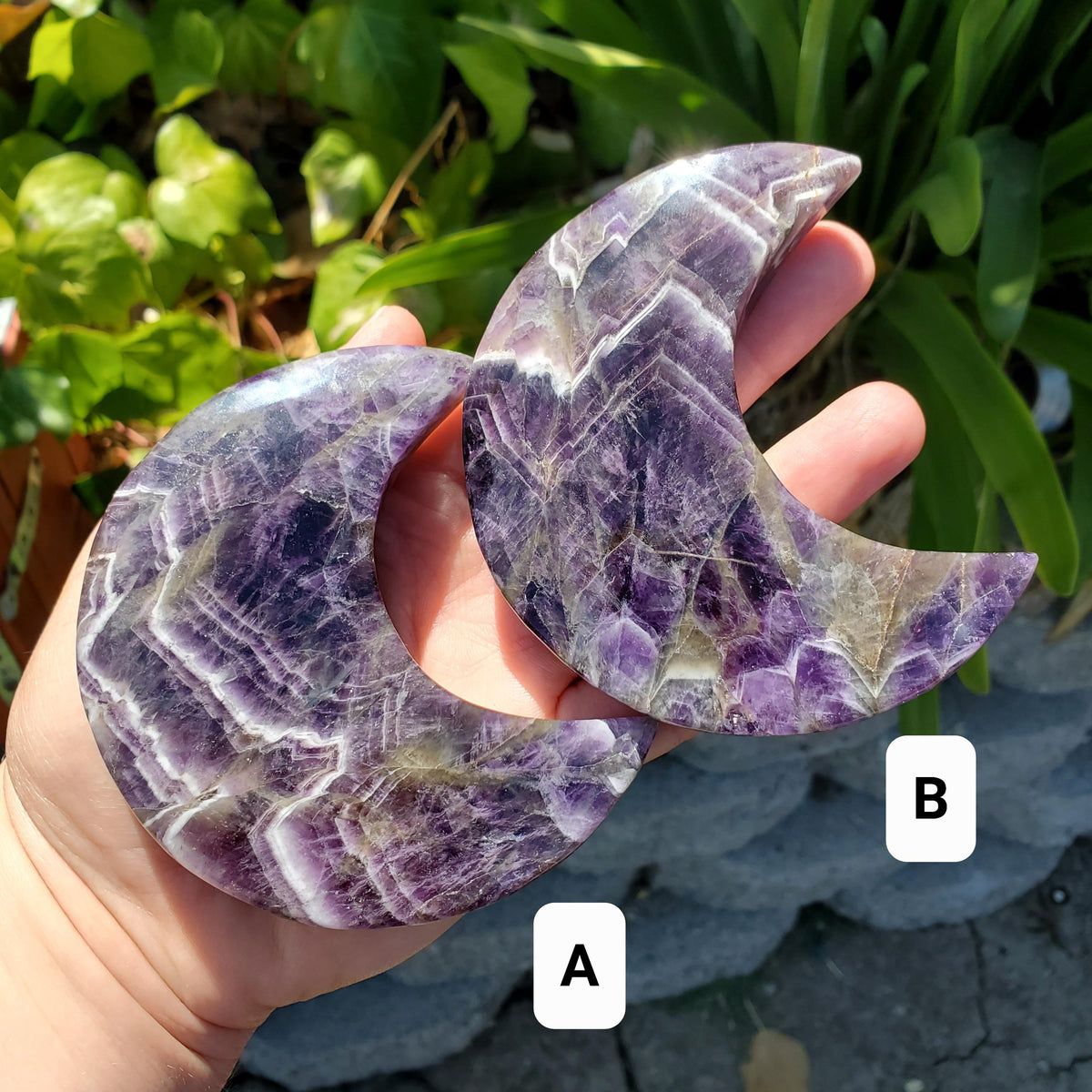 Dark Dream Amethyst Moon on Stand - Calming, Energetic Protection, Positivity, Divine Love - Purple Amethyst Moon Crystal Gemstone