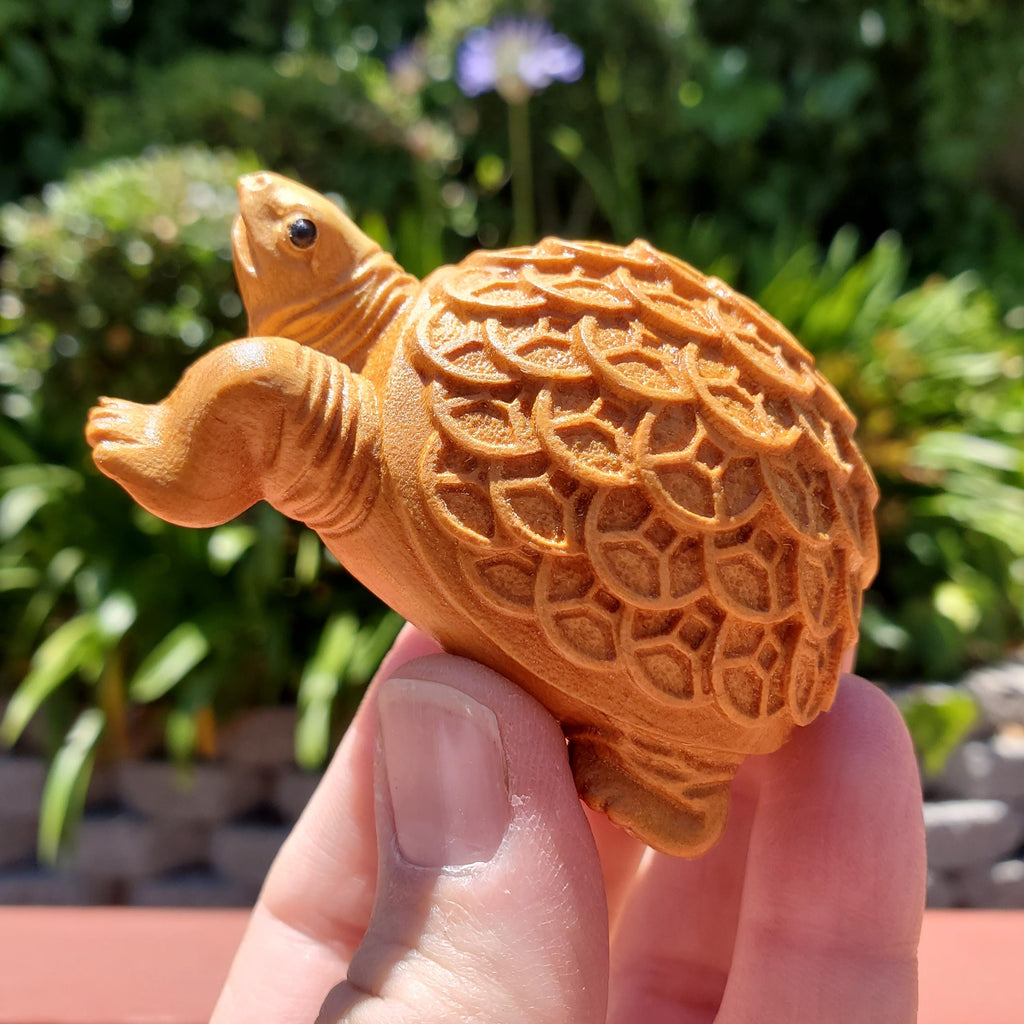 Cypress Wood Turtle with Feng Shui Coin Design - A Symbol of Immortality, Protective From Negative Energies - Carved Turtle Figurine