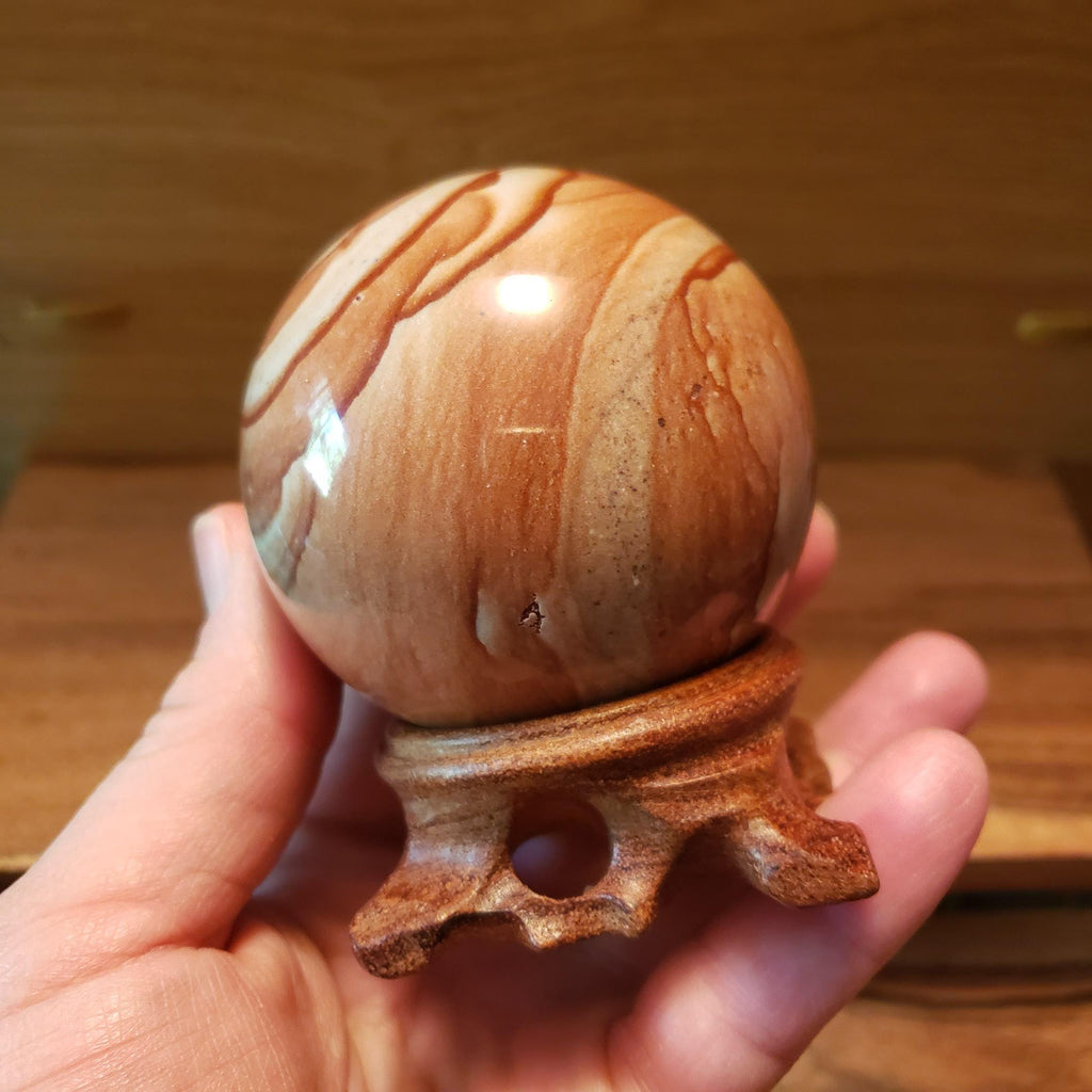 Picture Stone Jasper Sphere on Wooden Stand - Grounding, Harmonizing, Soothing, Creativity - Crystal Ball Healing Gemstone Statement