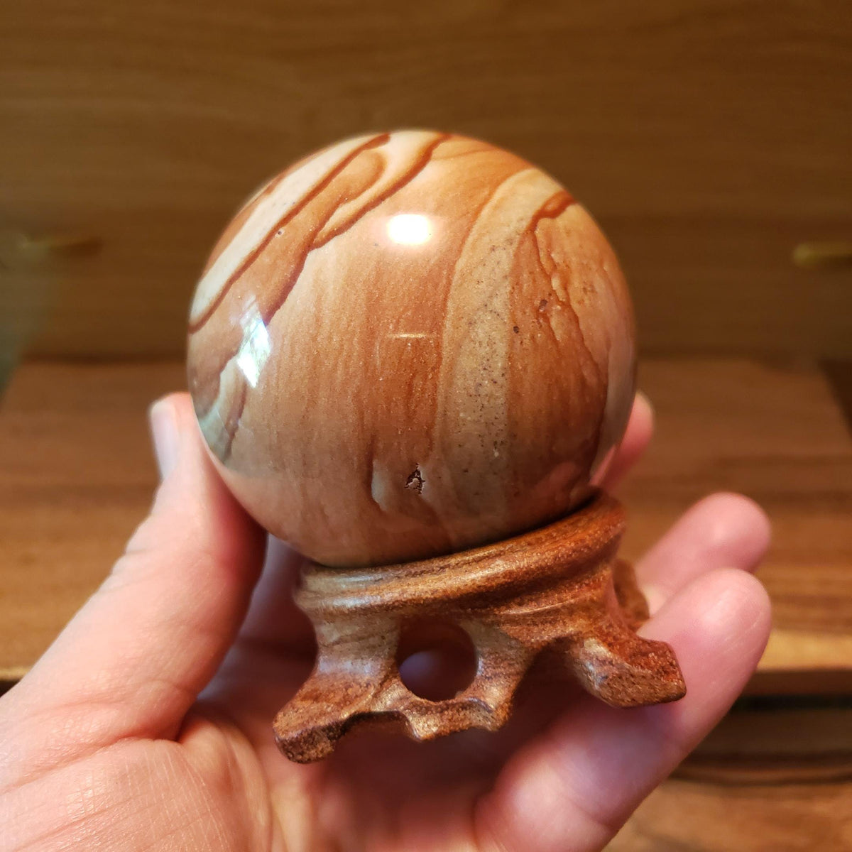 Picture Stone Jasper Sphere on Wooden Stand - Grounding, Harmonizing, Soothing, Creativity - Crystal Ball Healing Gemstone Statement