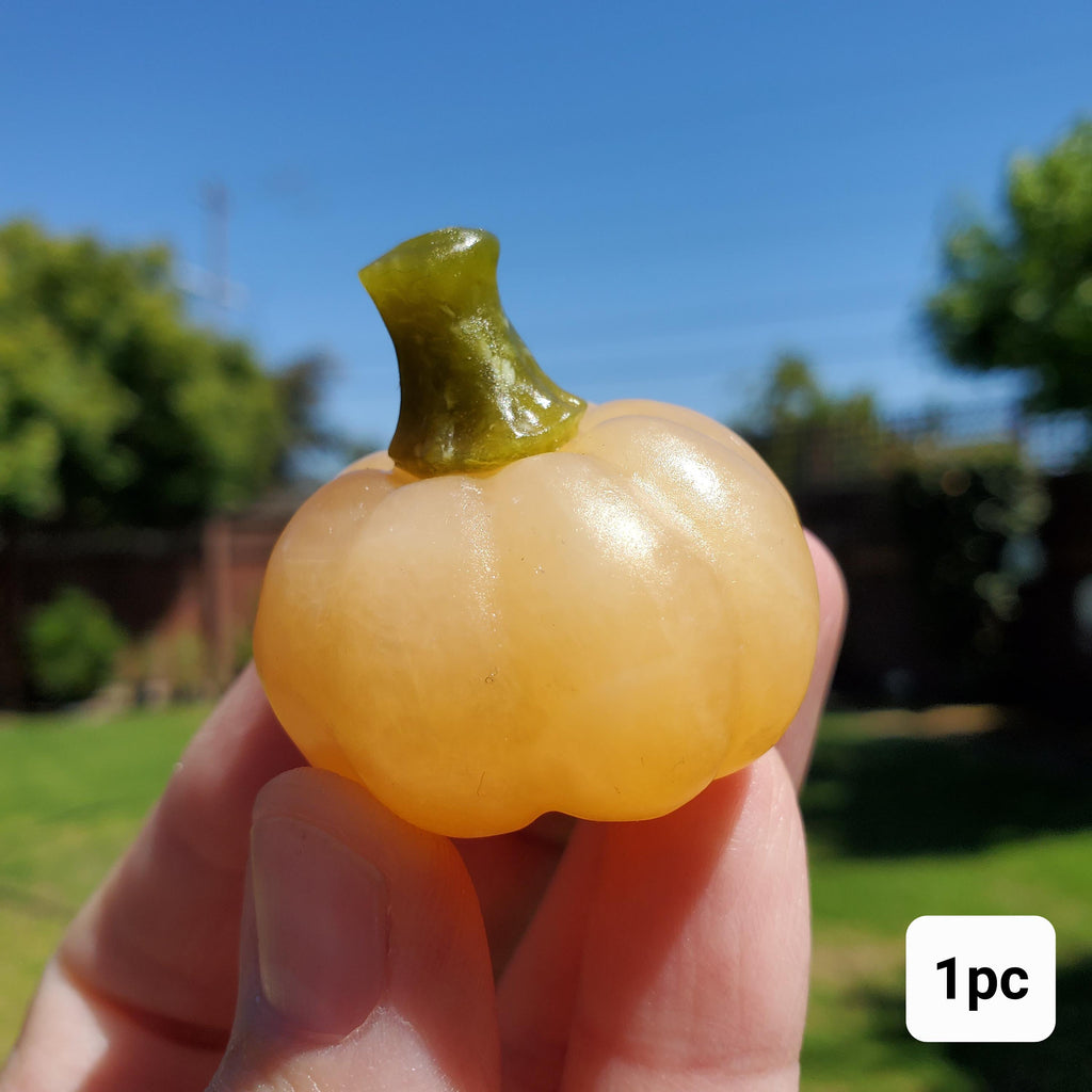 Cute Orange Calcite Pumpkin with Serpentine Jade Stem - Confidence, Self-Esteem, Creative & Sexual Energy - Calcite Crystal Pumpkin Carving