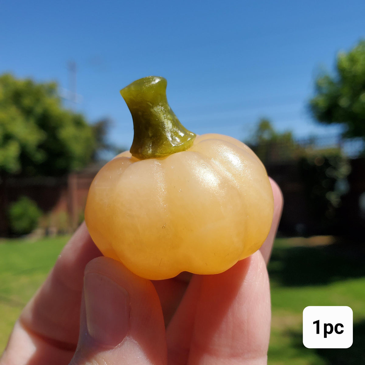 Cute Orange Calcite Pumpkin with Serpentine Jade Stem - Confidence, Self-Esteem, Creative & Sexual Energy - Calcite Crystal Pumpkin Carving