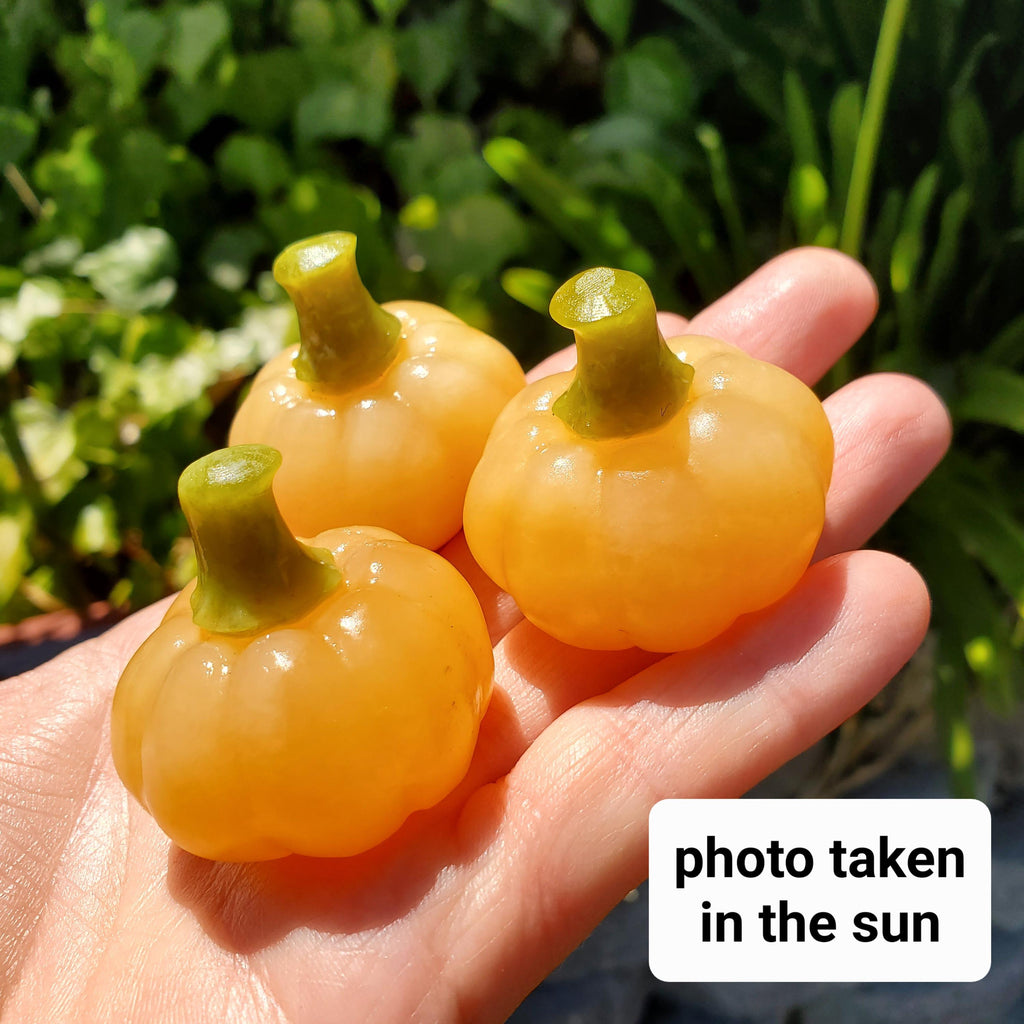 Cute Orange Calcite Pumpkin with Serpentine Jade Stem - Confidence, Self-Esteem, Creative & Sexual Energy - Calcite Crystal Pumpkin Carving