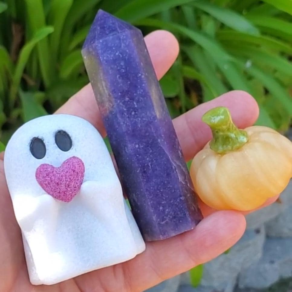 Cute Halloween Crystal Set - White Jade Ghost w/ Ruby Heart, Orange Calcite Pumpkin & Lepidolite Tower - Peace, Passion, Confidence, Calming