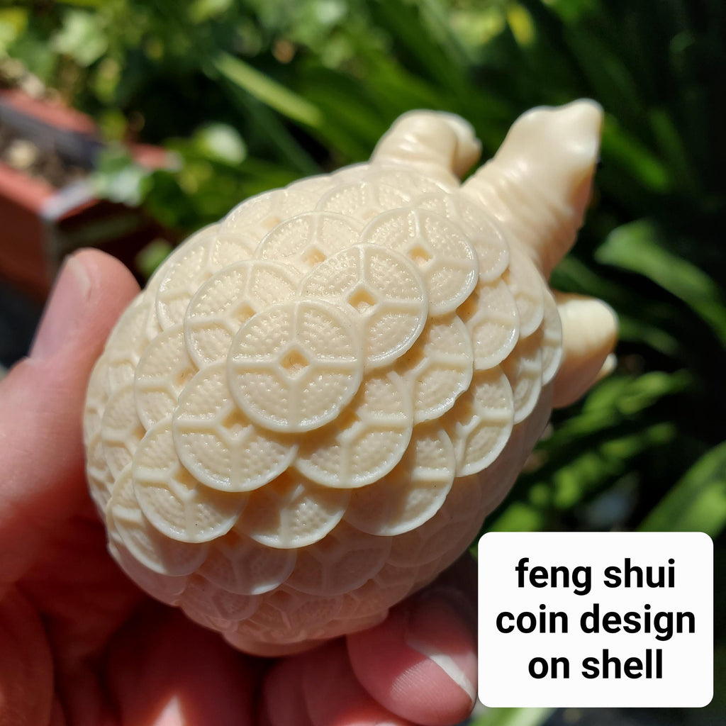 Ivory Nut Turtle Carving with Feng Shui Coin Design - Prosperity, Happiness, Love, Abundance - 3" Carved Tortoise Figurine Statue Home Decor