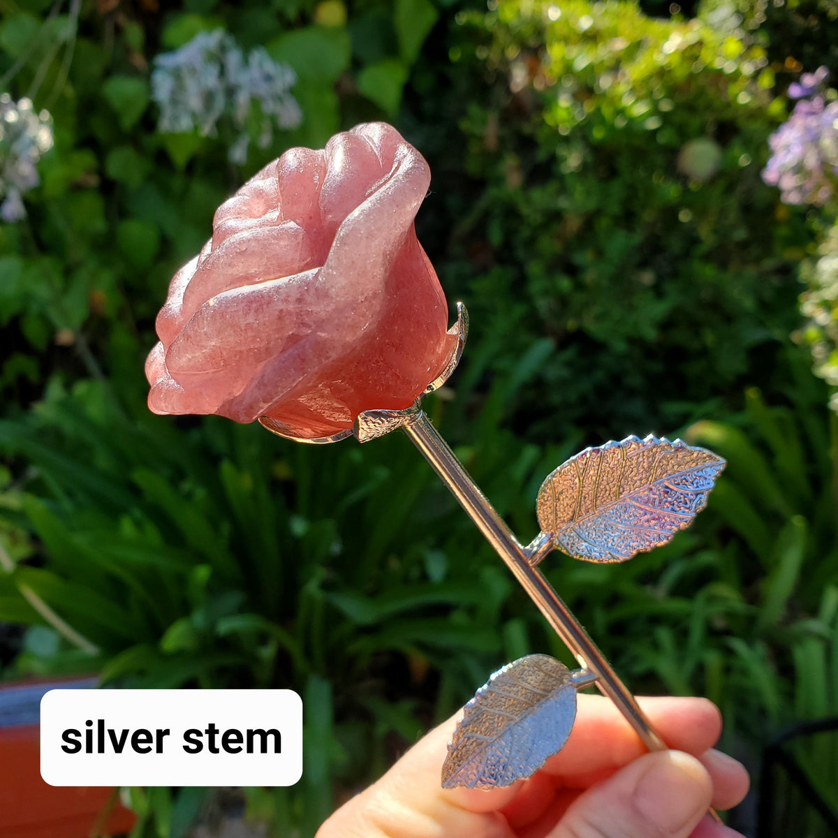 Strawberry Quartz Long Stem Rose with Silver or Gold Stem - Universal Love, Gratitude, Generosity, Compassion - 9" Long Tanzberry Flower