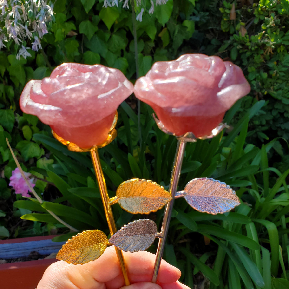 Strawberry Quartz Long Stem Rose with Silver or Gold Stem - Universal Love, Gratitude, Generosity, Compassion - 9" Long Tanzberry Flower