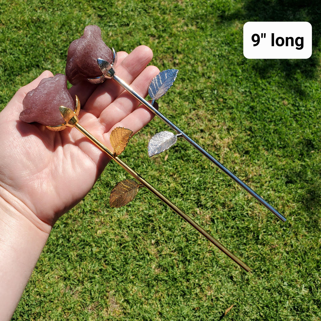 Strawberry Quartz Long Stem Rose with Silver or Gold Stem - Universal Love, Gratitude, Generosity, Compassion - 9" Long Tanzberry Flower