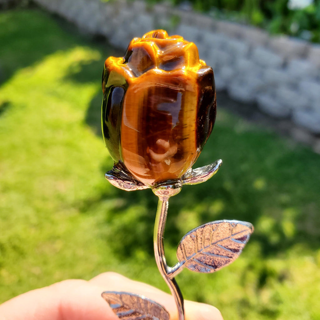 Small Flashy Tiger Eye Rose on Stem - Courage, Motivation, Confidence, Grounding, Energetic Protection - Crystal Rose Healing Gemstones