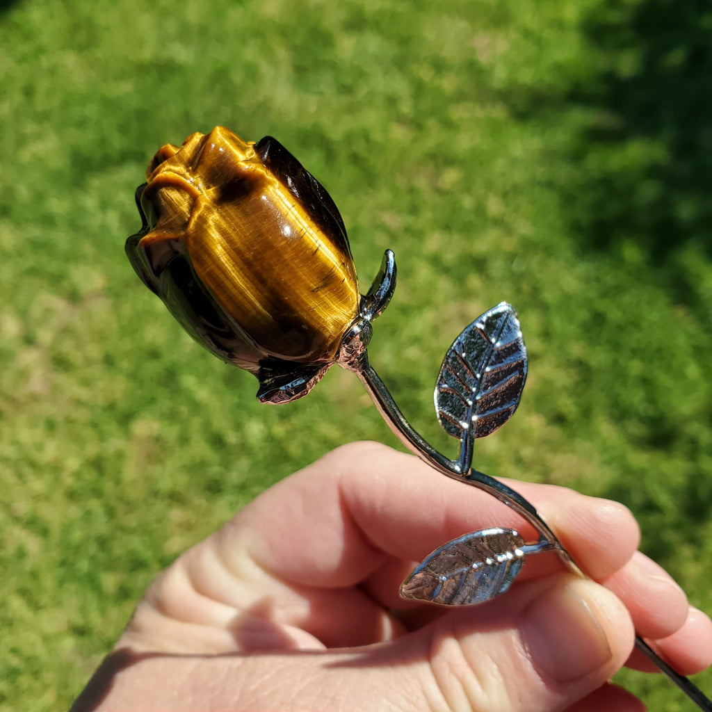Small Flashy Tiger Eye Rose on Stem - Courage, Motivation, Confidence, Grounding, Energetic Protection - Crystal Rose Healing Gemstones