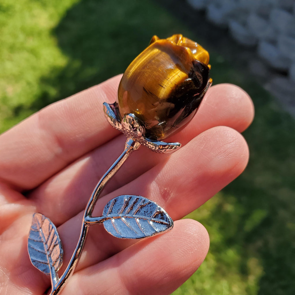 Small Flashy Tiger Eye Rose on Stem - Courage, Motivation, Confidence, Grounding, Energetic Protection - Crystal Rose Healing Gemstones